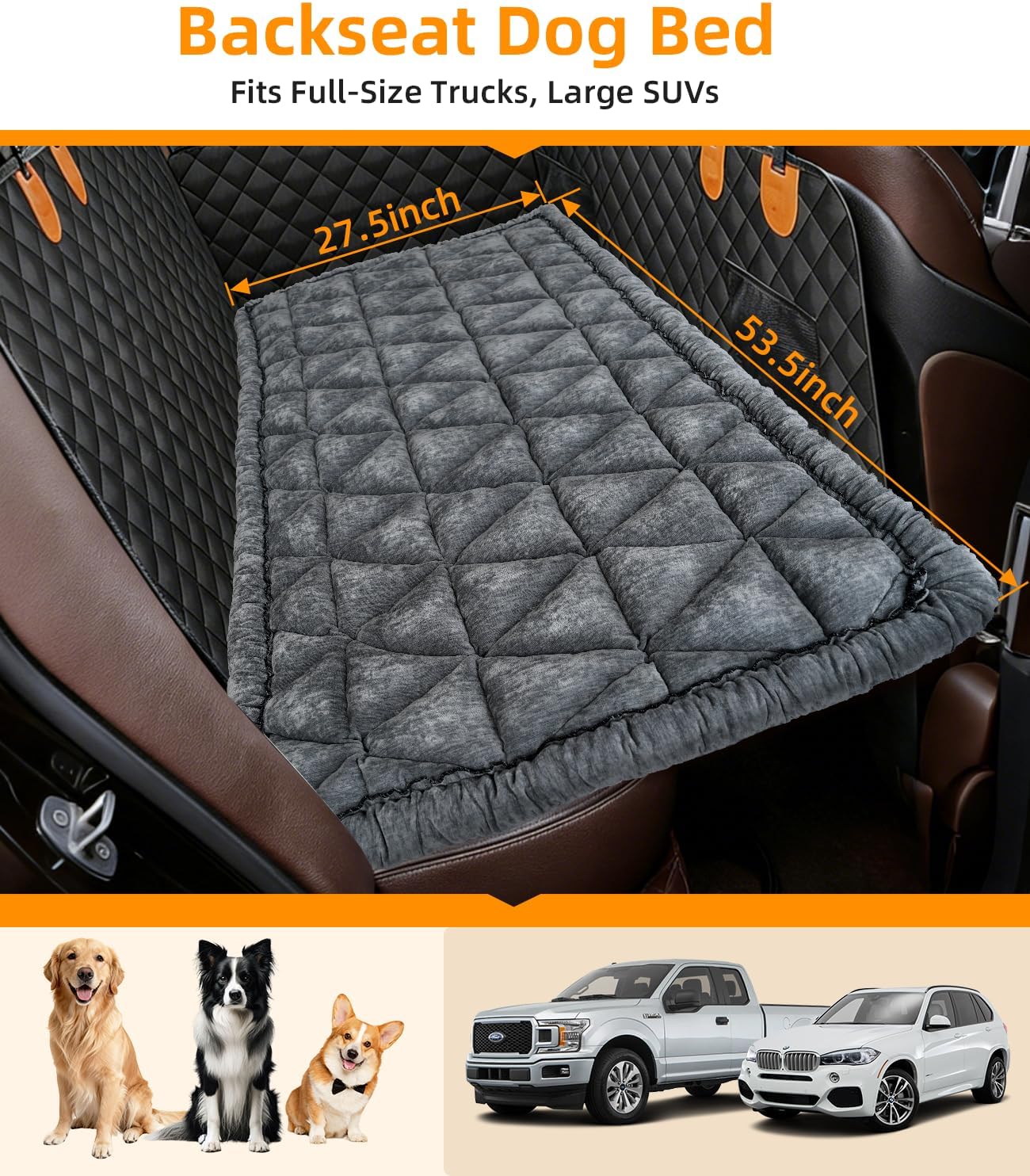 Backseat Pet Bed Mat, Non-Slip Dog Seat Cover with Scratch-Resistant Padding, Dog Bed for Cars, Trucks & SUVs, Universal Fit for Backseat Extenders (Gray)