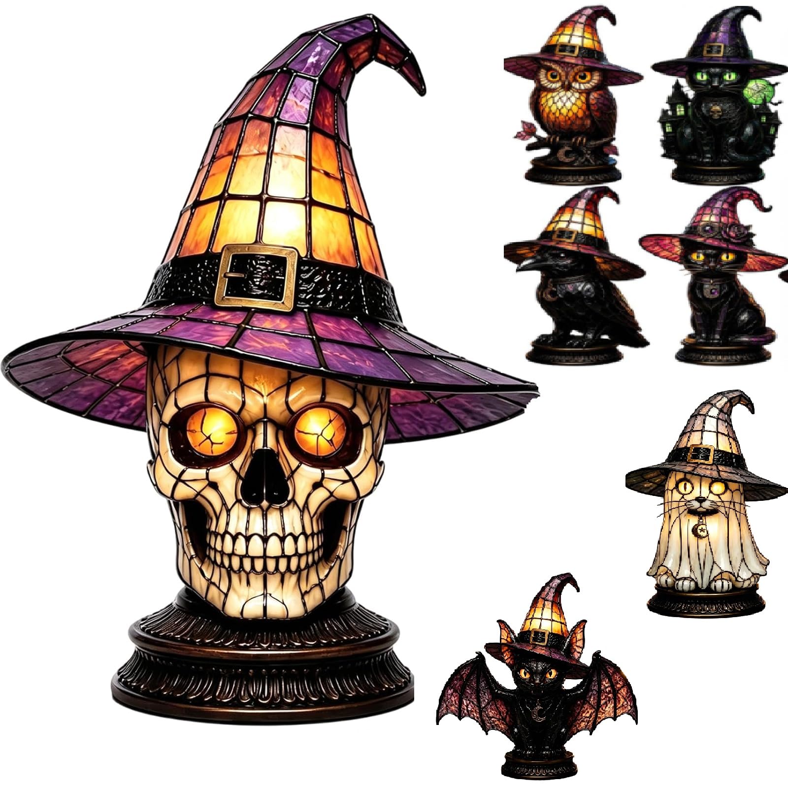 Stained Glass Halloween Pumpkin Table Lamp, 2D Halloween Light Up Ghost