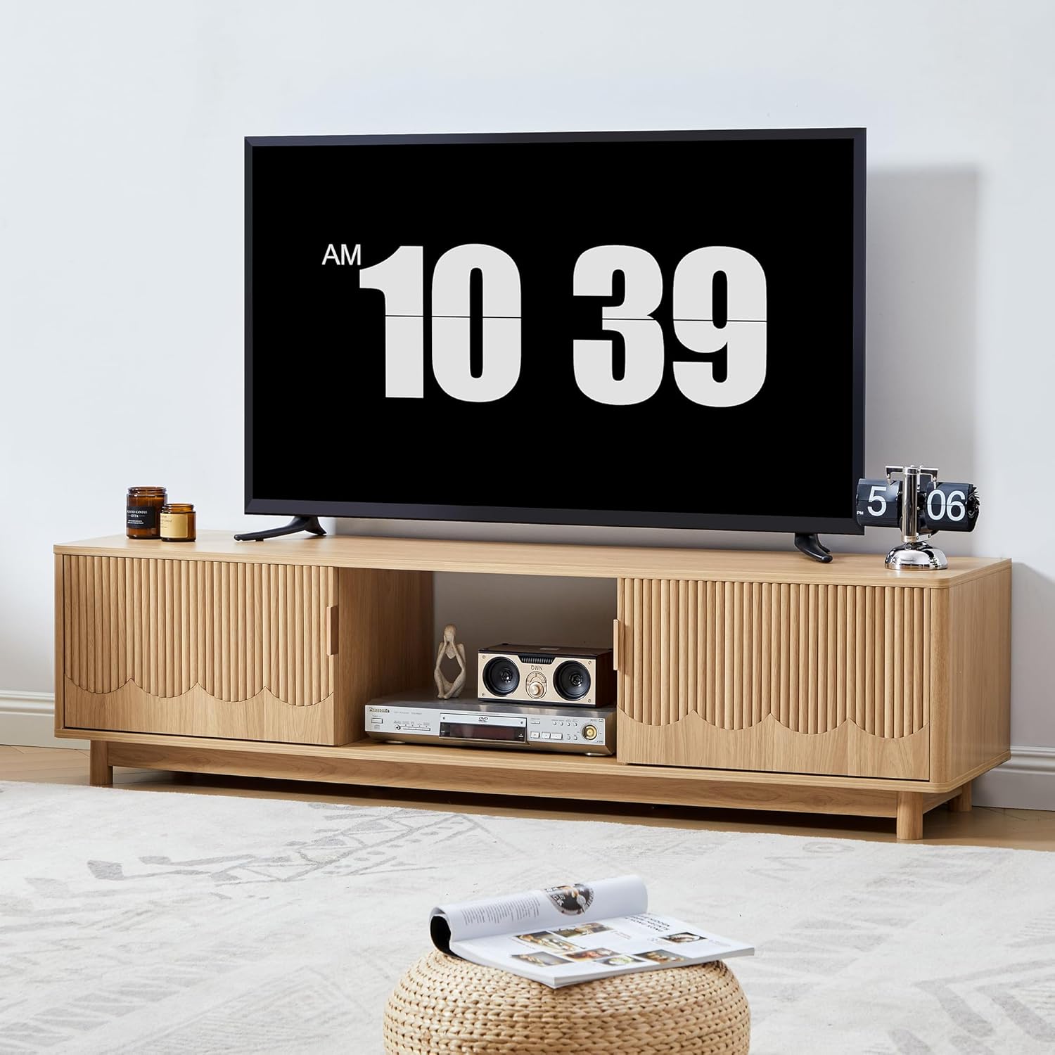 FurSch 62.2” Mid Century Modern Fluted TV Stand, Low Profile TV Stand with Storage, Curved Media Console for Bedroom Living Room (Natural)