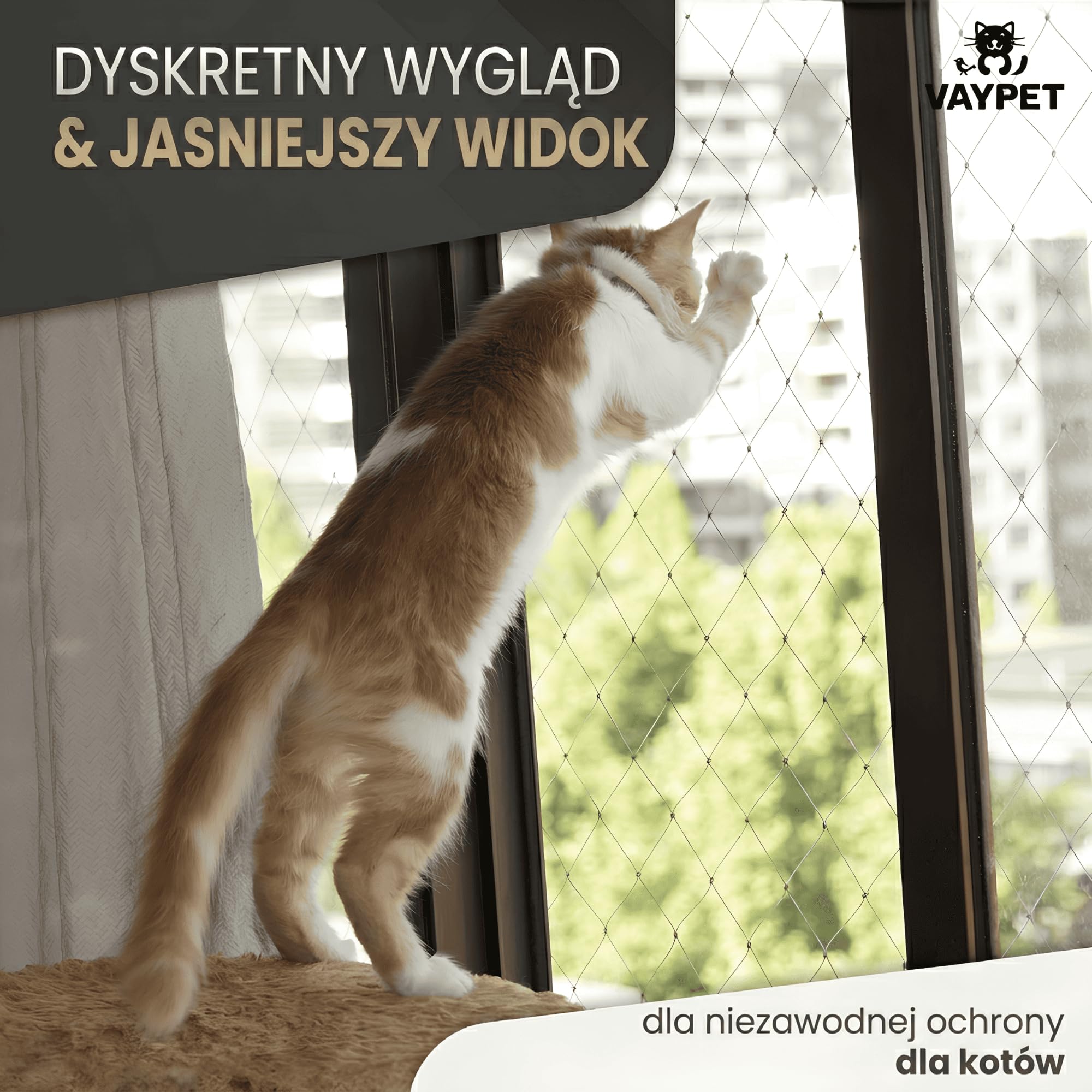 VAYPET® Siatka dla Kota na Balkon [4x3m] - bez Wiercenia, wzmocniona | W zestawie Haczyki + Klej Silikonowy | Siatka wzmocniona Drutem | Siatka Ochronna dla Kota na Balkon, Okno