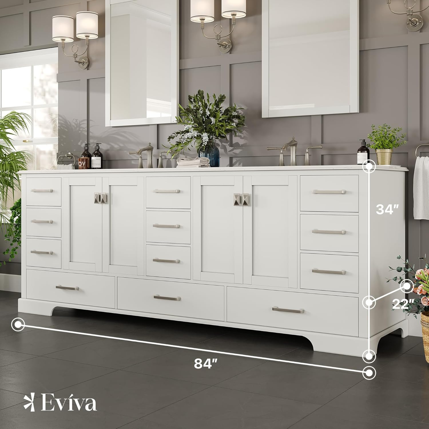 Eviva Storehouse Freestanding Double Sink Bathroom Vanities - White 84” Vanity with Sink and Countertop - Solid Wood Bathroom Sink Vanity