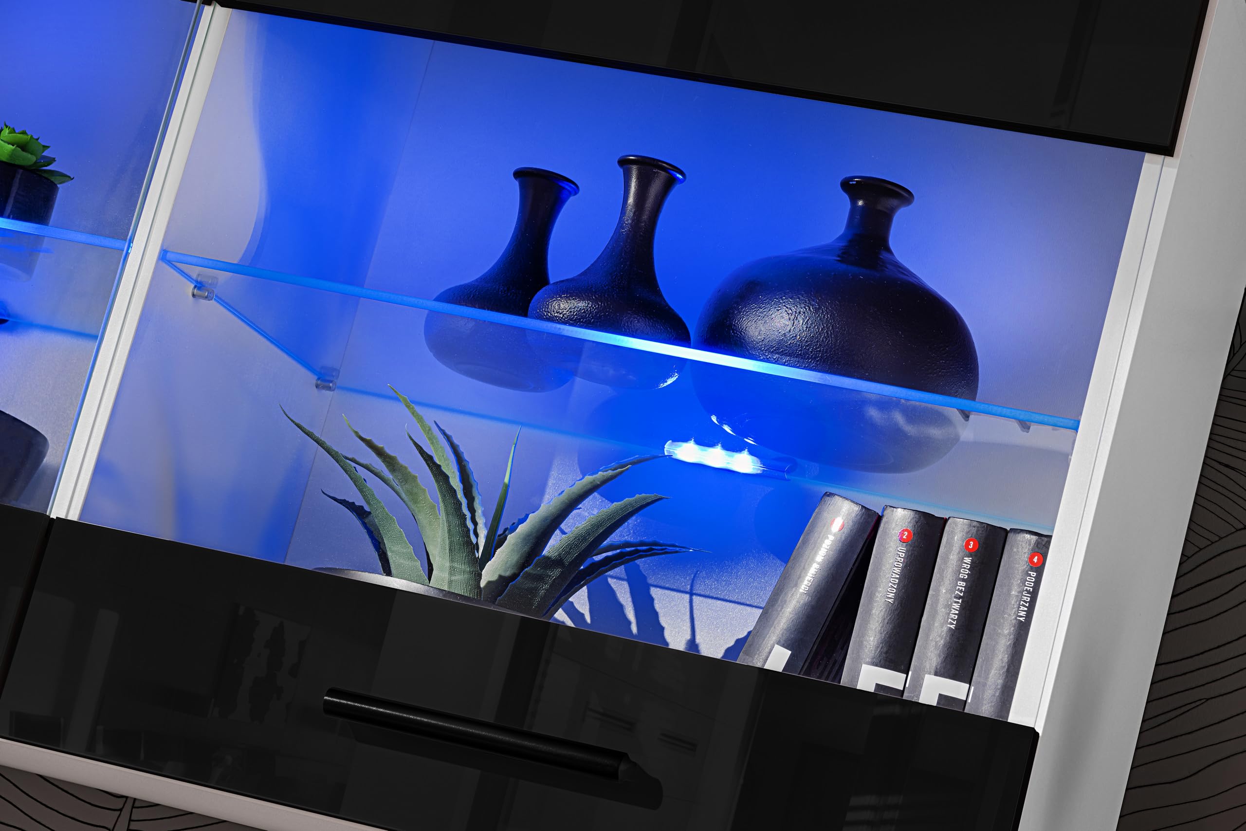 Komodee, Vetrina Savona - Armadio in vetro, Bianco/Nero, larghezza 100 cm x altezza 50 cm x profondità 30 cm, LED Blu, 2 ripiani in vetro, 2 ante per soggiorno, cucina