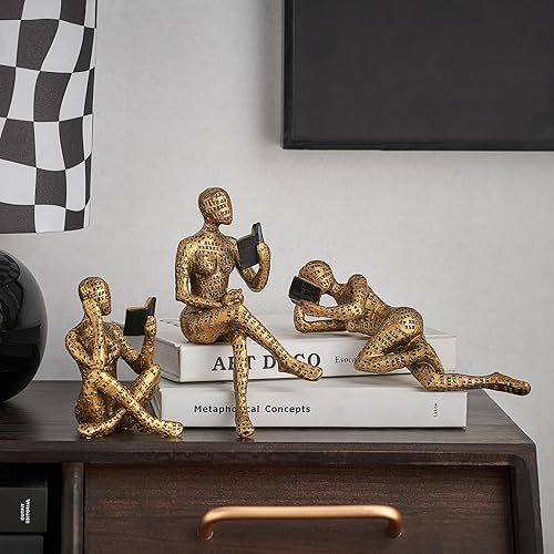 Miniatura 6 de FJS - Estatua de pensador de decoración dorada escultura de arte abstracto juego de 3 figuras coleccionables de resina dorada para decoración del
