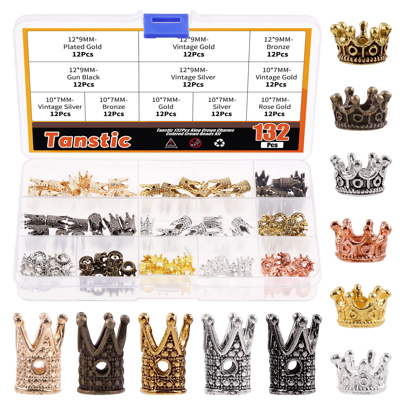 Tanstic132Pcs Mixed Color King Crown Charms, 2 Sizes Crown Beads Charm Mini Crown Charm Spacer Bead for Jewelry Making DIY Craft Pendants, Bracelets, Necklace