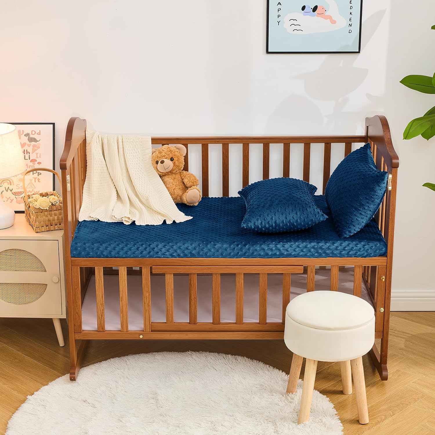 Entisn Baby Crib Sheets 2 Pack, 28 x 52 Inch Minky Dot Fitted Crib Mattress Sheet for Boys, Soft and Warm Fleece Nursery Bedding for Standard Toddler Bed Mattresses (Navy Blue)