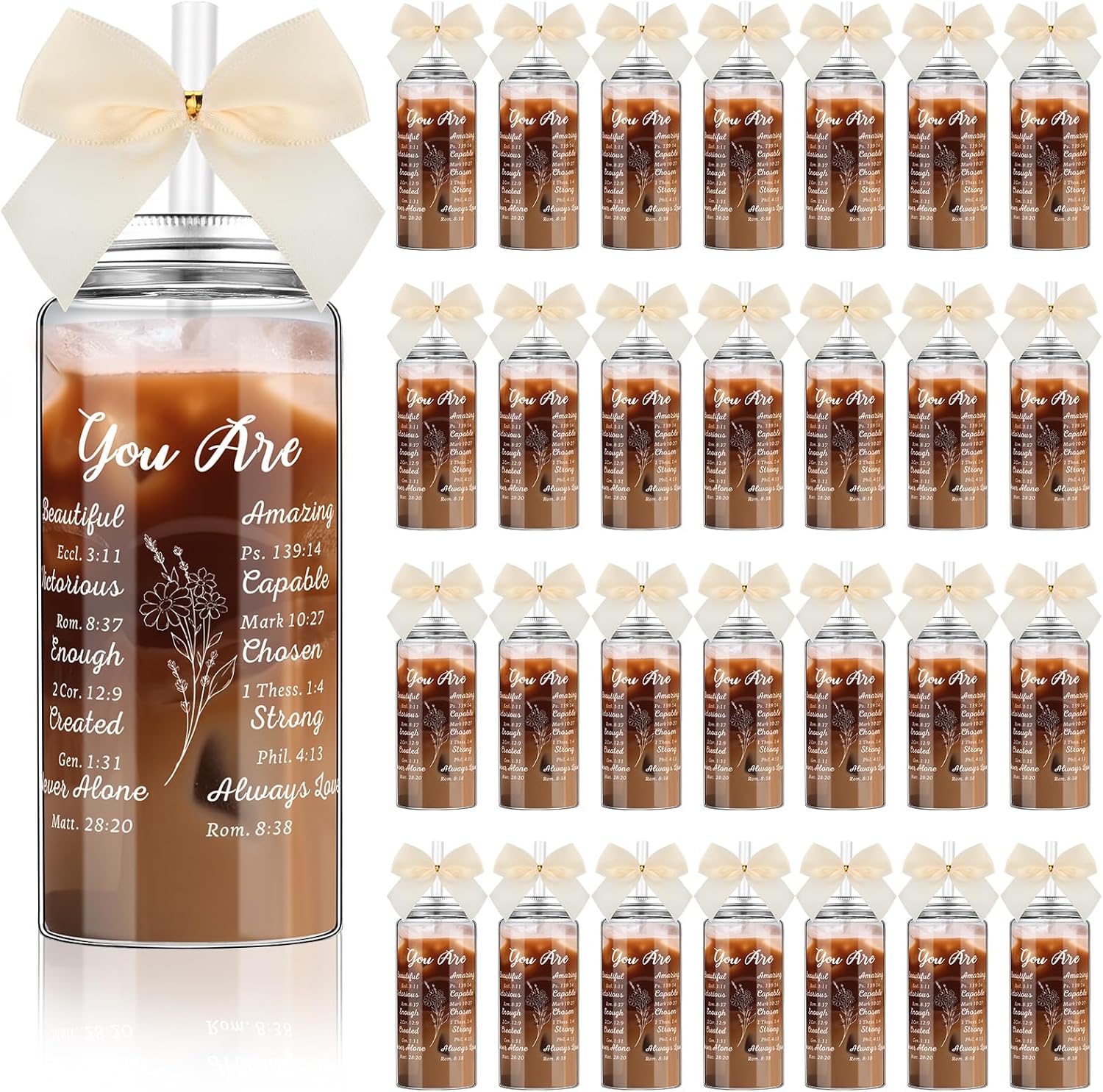 Skylety 24 Pack Christian Gift Cups Bulk for Women Mothers' Day Bible Verse Gifts Cups with Lid Straw Bow 13.5 oz Religious Plastic Skinny Tumbler Christian Gift for Mother's Day Church Party Favor