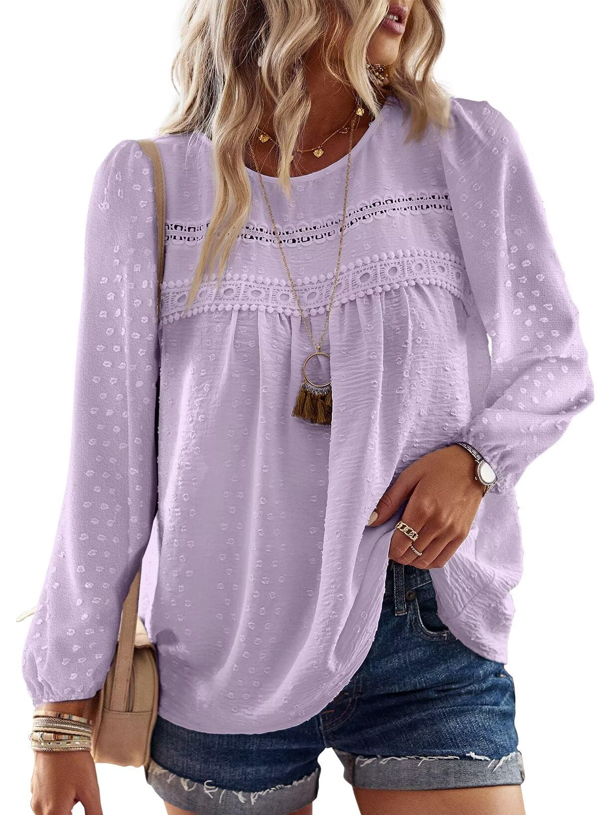 TUUHAW Langarmshirt Damen Boho Top Oberteile Fließend Elegant Frühling Herbst Tunika Rundhals T Shirt Süß Lässig Outfits Spitze Winter Kleidung