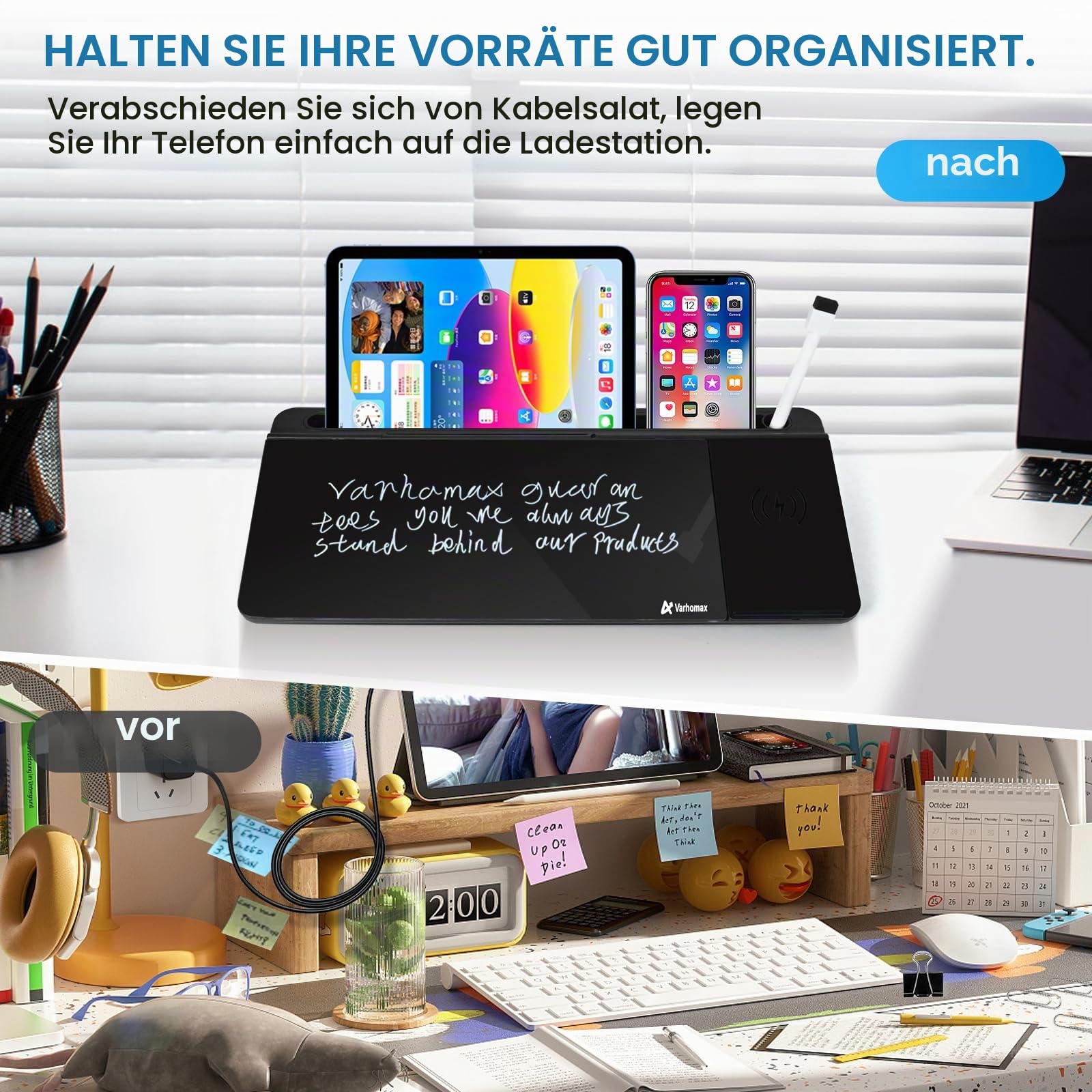 Varhomax Glas-Schreibtisch-Whiteboard mit kabellosem Ladegerät, trocken abwischbar, Whiteboard mit Aufbewahrung, To-Do-Liste, Notizblock für Zuhause und Büro, Schwarz