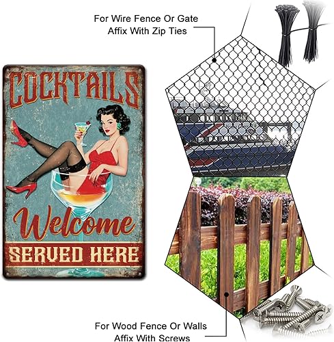 Miniatura 4 de GLOBLELAND Pin Up Cocktails Lady - Cartel de metal para pared de 8 x 12 pulgadas con texto en inglés "Cocktails Welcome Served Here" para bar,