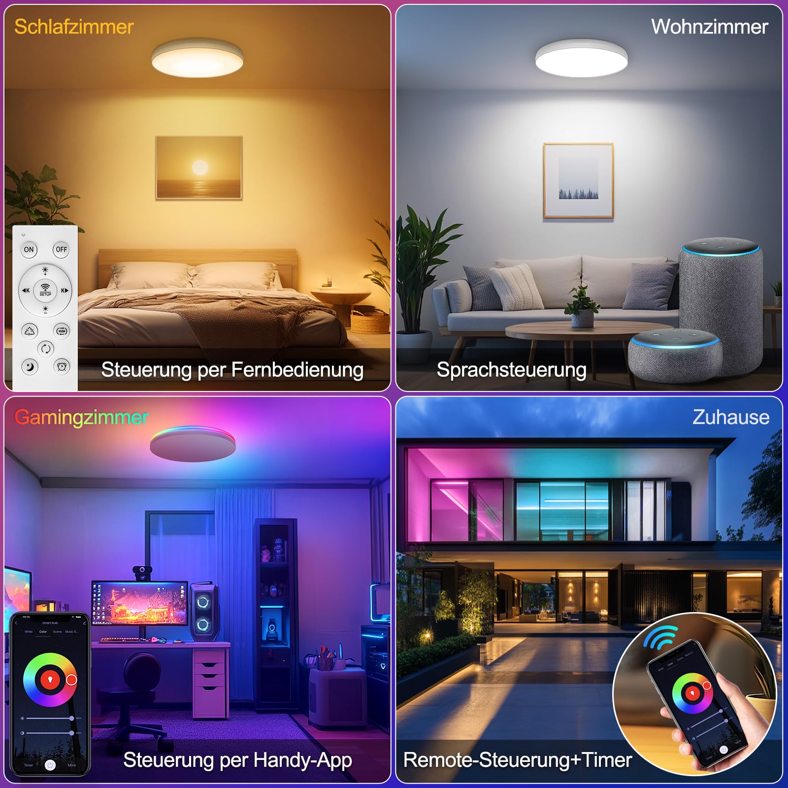 AmazeFun LED Deckenlampe 48W - Deckenlampe Dimmbar & RGBIC Nachtlicht - Smart Deckenleuchte mit Fernbedienung - Alexa/Google kompatibel, 4500lm, für Wohnzimmer, Schlafzimmer, Küche (48W-37CM)