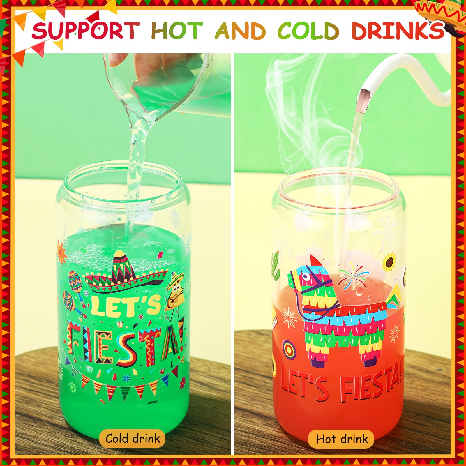 Layhit 6 vasos de cristal mexicanos de 16 onzas con tapa de bambú y pajita, vaso de café para fiesta del Cinco de Mayo, decoración de fiesta, vaso mexicano para taco, suministros de fiesta de
