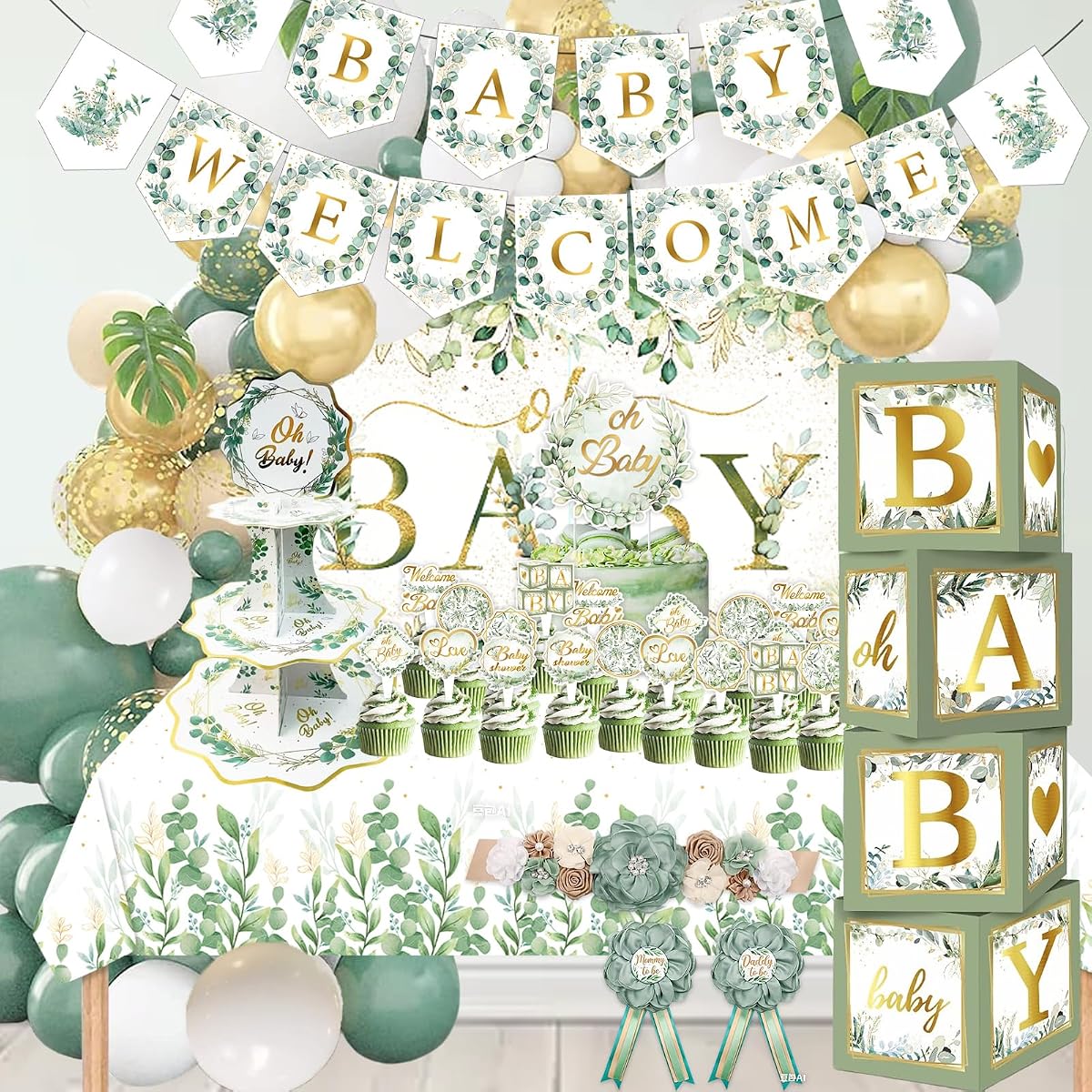 OUNIY Sage Green 172pcs Gender Neutral Baby Shower Decorations - Boho Greenery Party Supplies with Oh Baby Backdrop, Tablecloth, Balloons, BABY Box, Welcome Banner