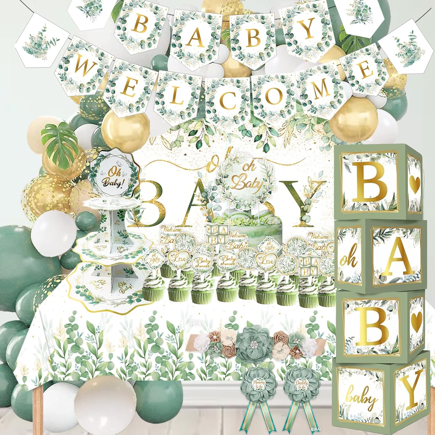 Sage Green 172pcs Gender Neutral Baby Shower Decorations - Boho Greenery Party Supplies with Oh Baby Backdrop, Tablecloth, Balloons, BABY Box, Welcome Banner