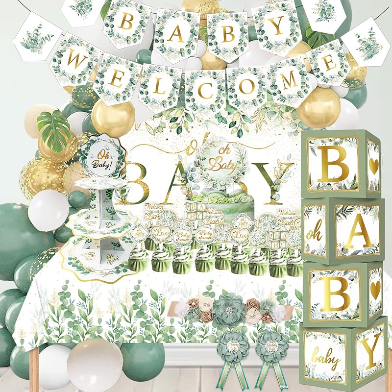 OUNIY Sage Green 172pcs Gender Neutral Baby Shower Decorations - Boho Greenery Party Supplies with Oh Baby Backdrop, Tablecloth, Balloons, BABY Box, Welcome Banner