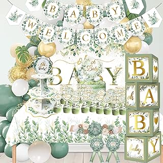 OUNIY Sage Green 172pcs Gender Neutral Baby Shower Decorations - Boho Greenery Party Supplies with Oh Baby Backdrop, Tablecloth, Balloons, BABY Box, Welcome Banner