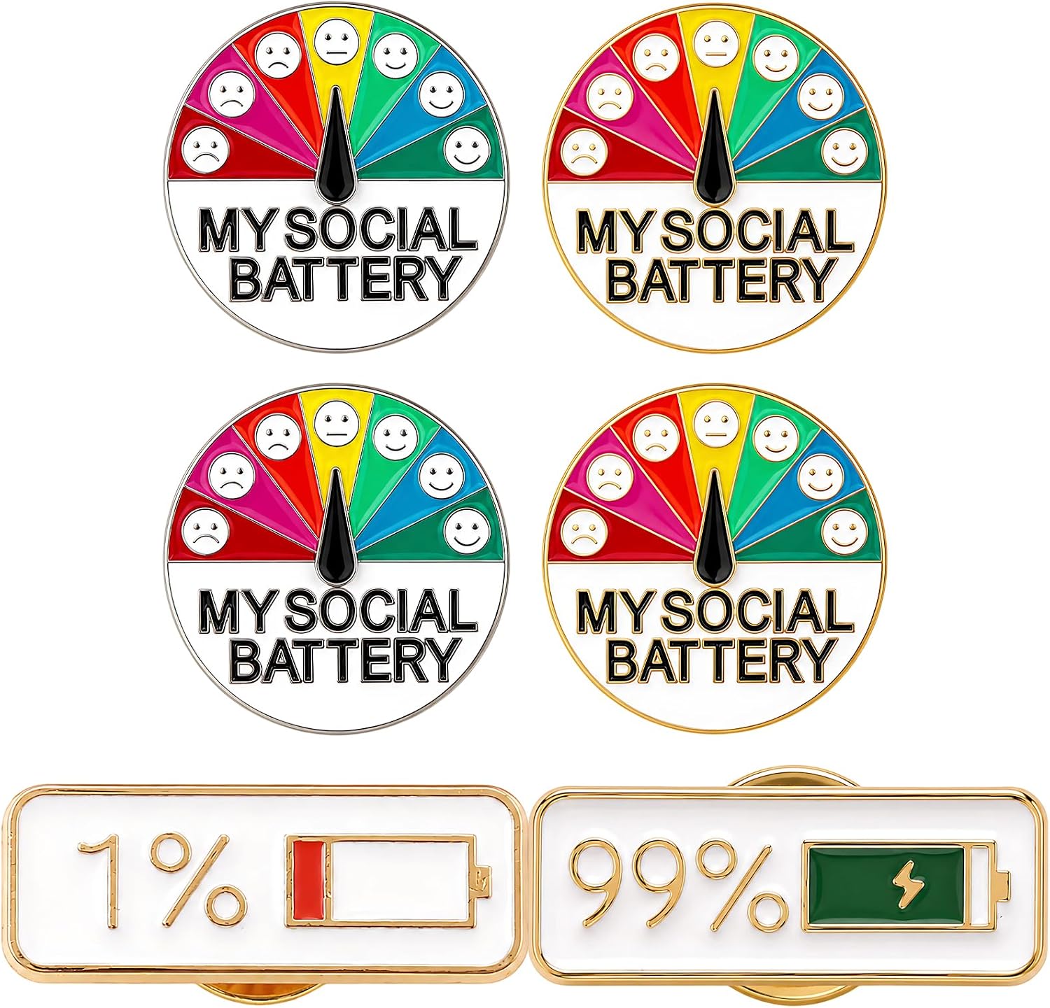6PCS Social brooch, Gold and Silver Designs, Ideal for Personal Expression and Social Gatherings, Includes 1% and 99% Level Indicators, Social Energy Slider Pin, Mood Pin
