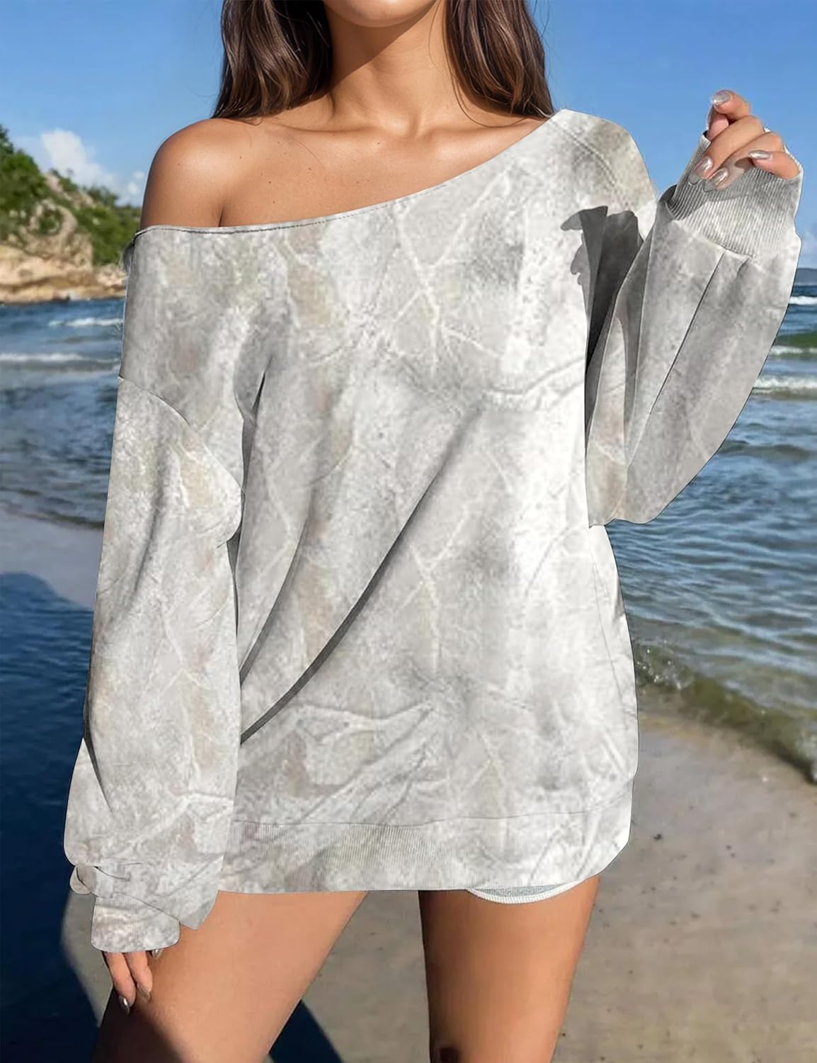 Womens Camo Off Shoulder Sweatshirt Oversized Graphic Maple Leaf Print Fleece Long Sleeve Trendy Pullover Hoodie - Image 3