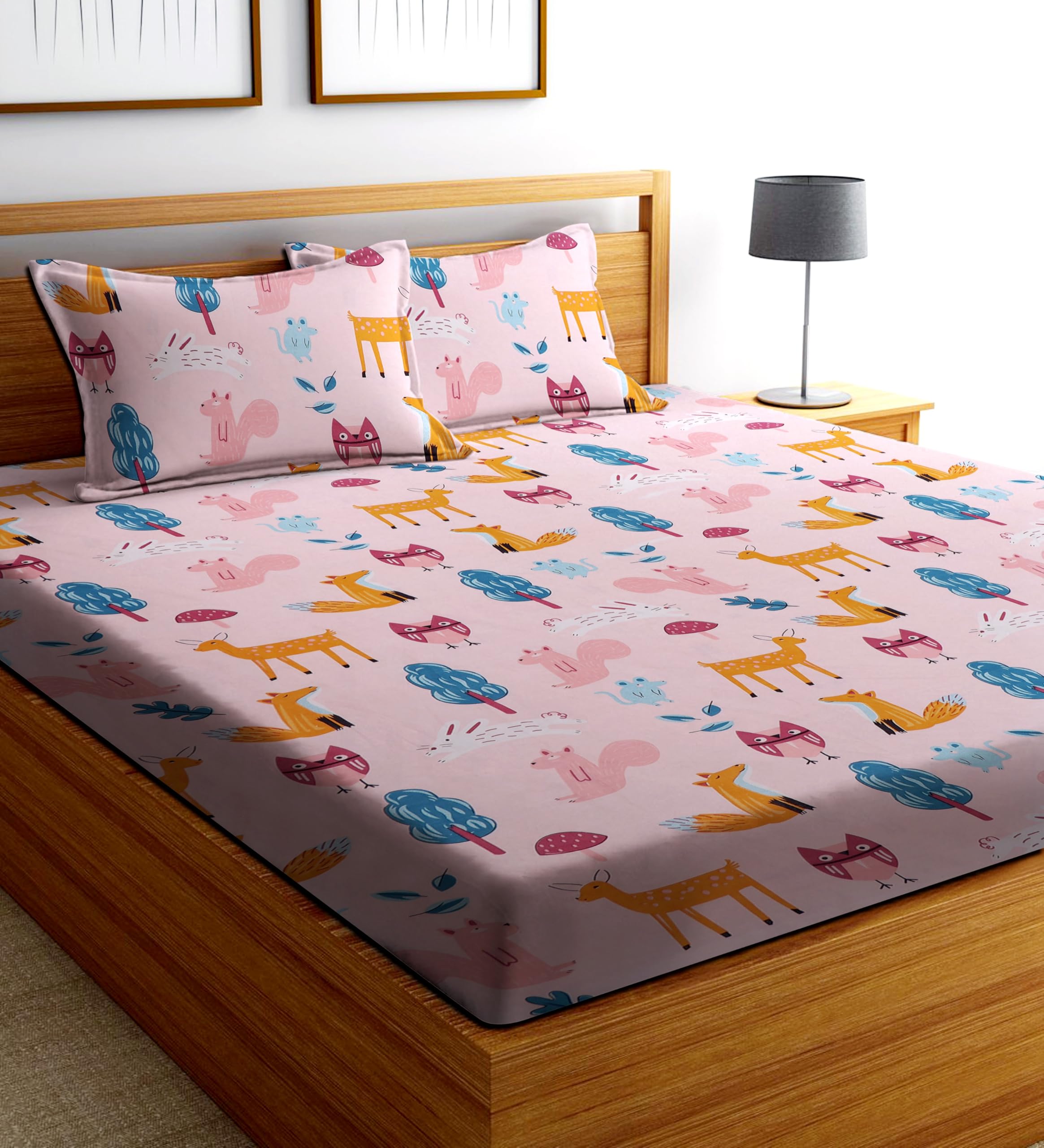 DECORUM Glace Cotton Fitted 1 Bedsheet King Size (72"x78") | All Around Elastic | Cotton Feel | 2 Pillow Covers (17"x27") | Fits Up to 6" Mattress | 200-220 TC | Printed Double Bed Sheet Set-picture-33