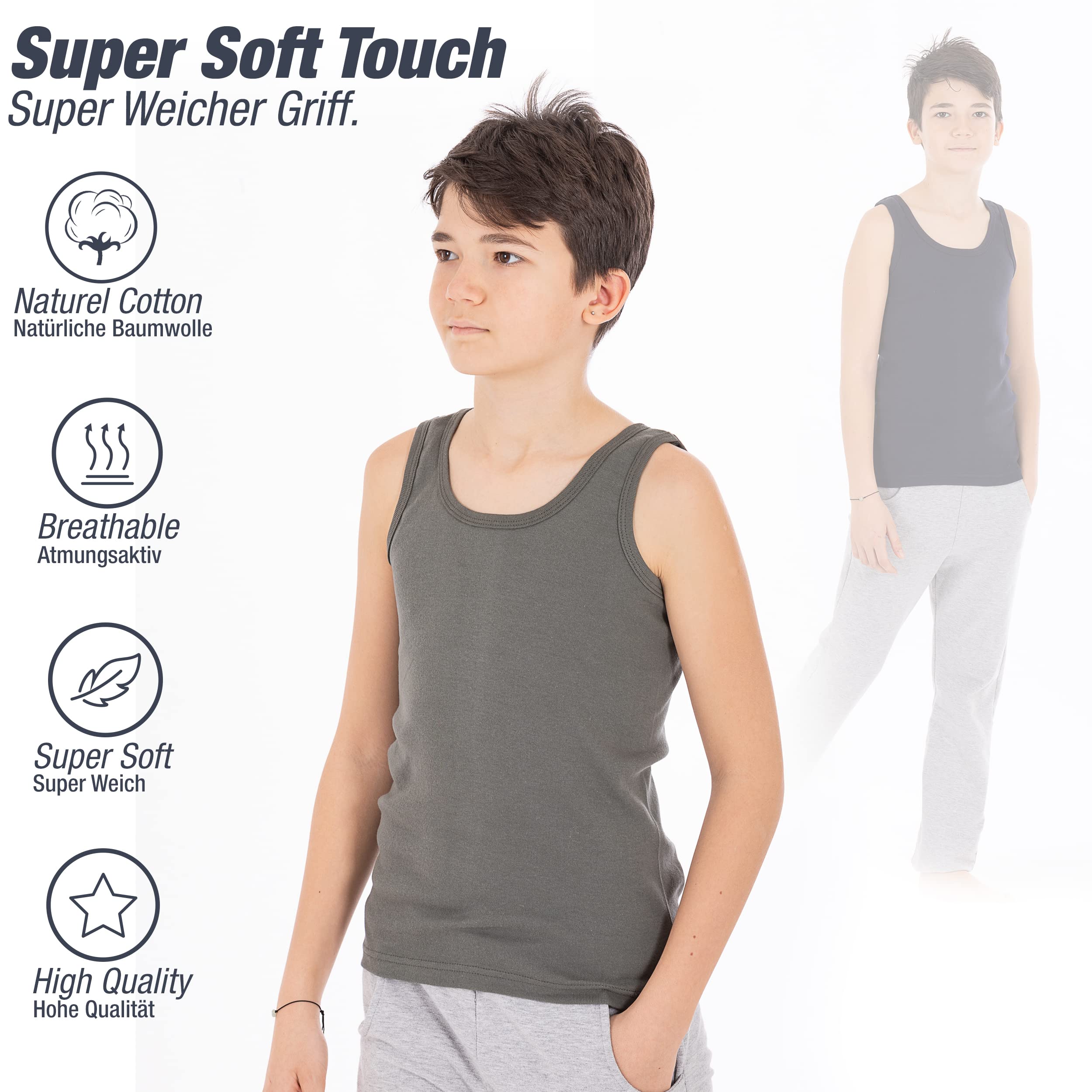 LOREZA 5 Pack Jungen Unterhemden Feinripp 100% Baumwolle ohne Seitennaht Tank Top - Atmungsaktiv und Formstabil