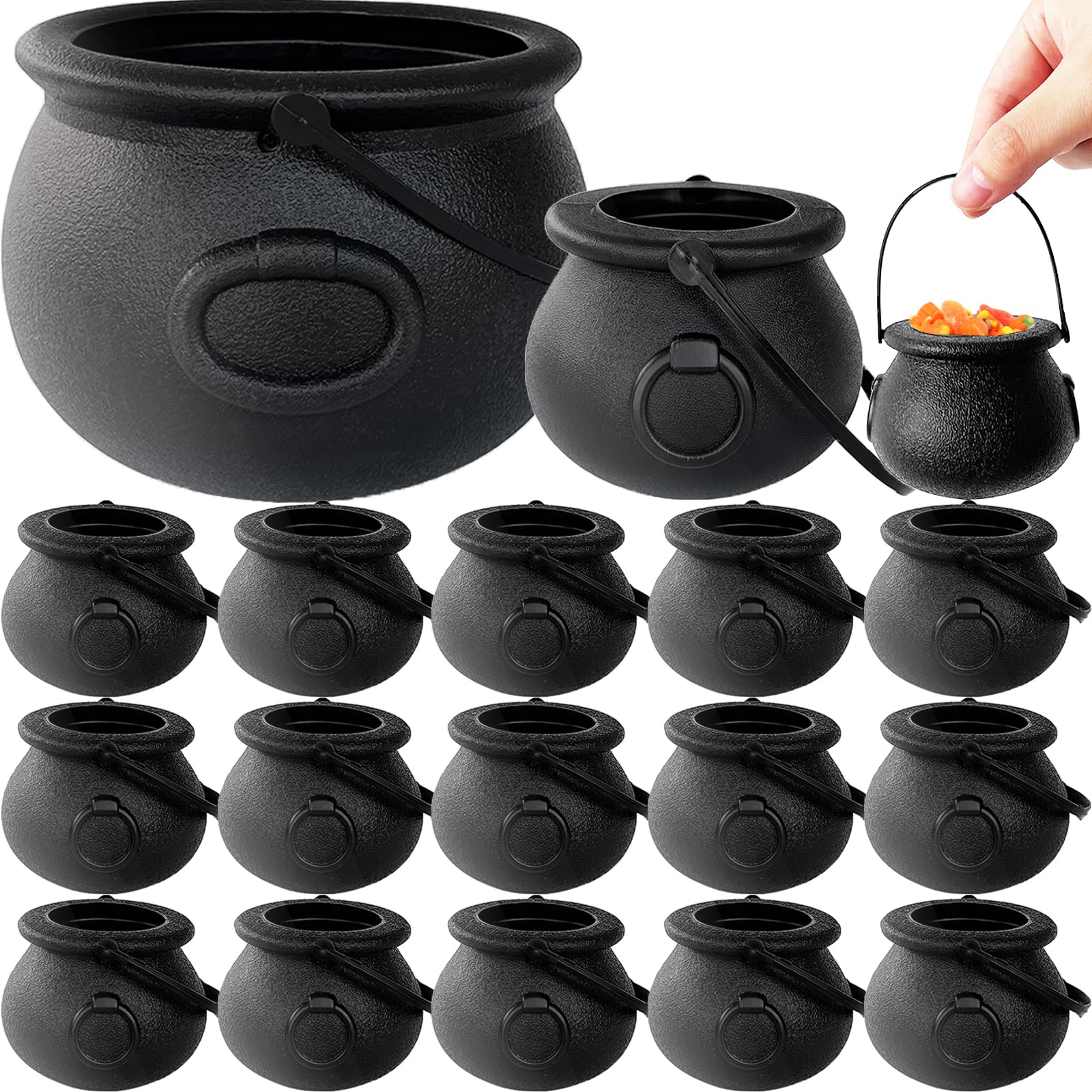 18 Pcs (8.6'',5.5'',2.7'') Black Cauldron Kettles,Black Witch Cauldron with Handle,Halloween Candy Bowl for Halloween St.Patrick's Day Wizard Theme Party Favor Decor