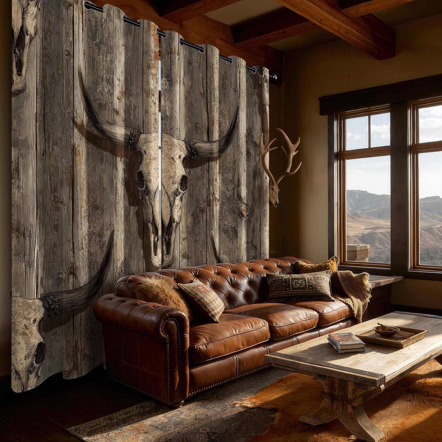 Western Curtains Blackout for Living Room, Rustic Bull Skull Cow Wooden Farmhouse Bedroom Curtains 63 Inches Long, Thermal Insulated Room Darkening Grommet Patterned Drapes for Windows