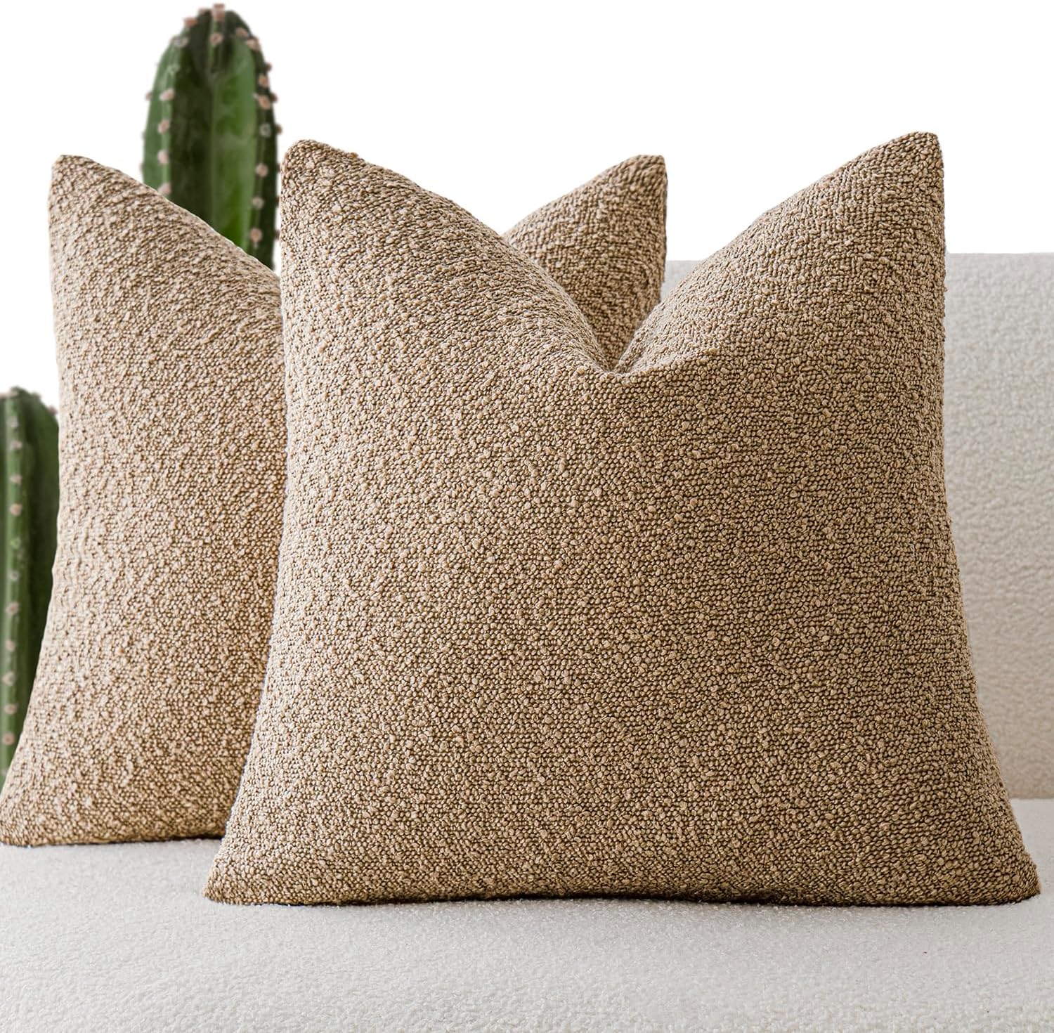 Foindtower Pack of 2, Decorative Textured Boucle Throw Pillow Covers Accent Solid Pillow Cases Cozy Soft Couch Cushion Case for Chair Sofa Bedroom Living Room Home Decor 22 x 22 Inch Taupe Khaki Camel