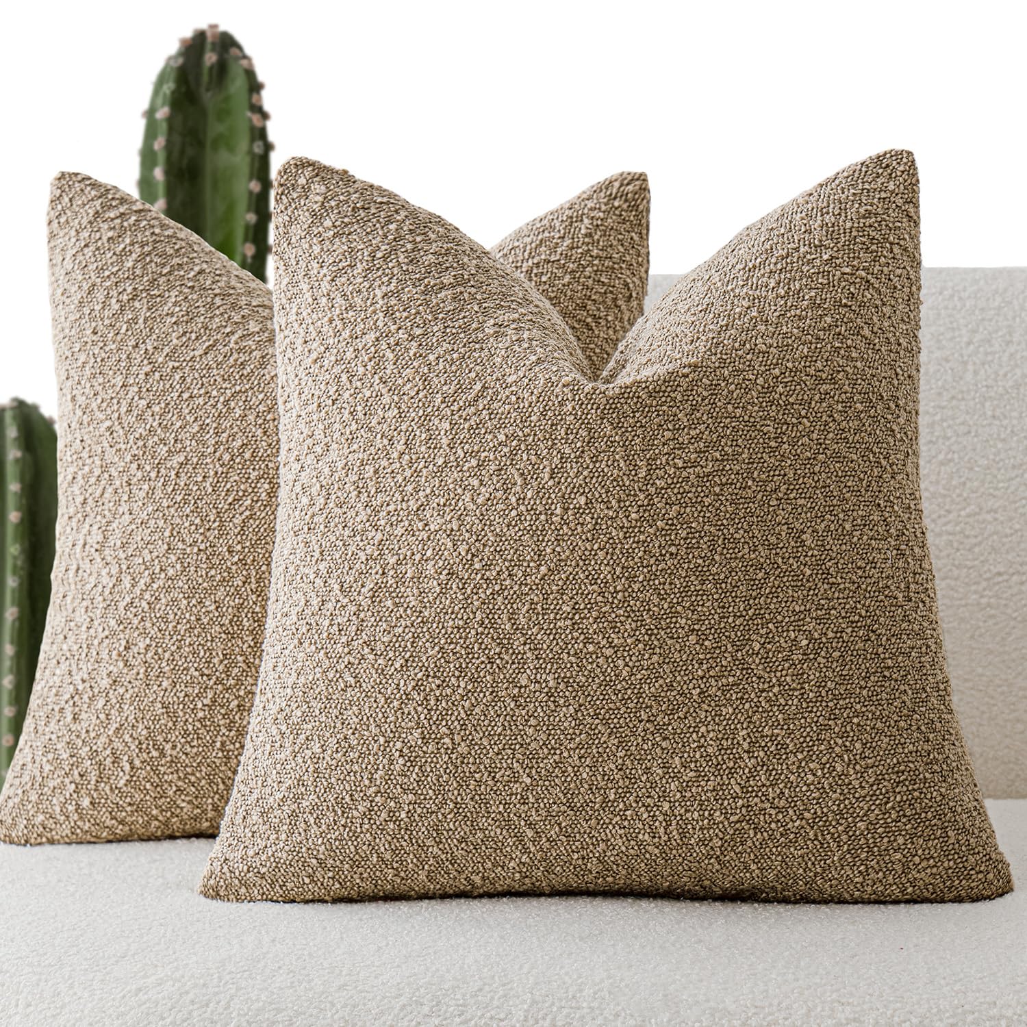 Foindtower Pack of 2, Decorative Textured Boucle Throw Pillow Covers Accent Solid Pillow Cases Cozy Soft Couch Cushion Case for Chair Sofa Bedroom Living Room Home Decor 22 x 22 Inch Taupe Khaki Camel