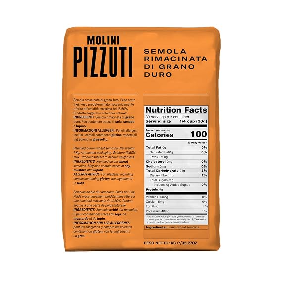 Molini Pizzuti Remilled Durum Wheat Semolina Semola Rimacinata 1kg Bag Ideal for Fresh Pasta, Rustic Bread, Pizza Crust & Artisan Baking