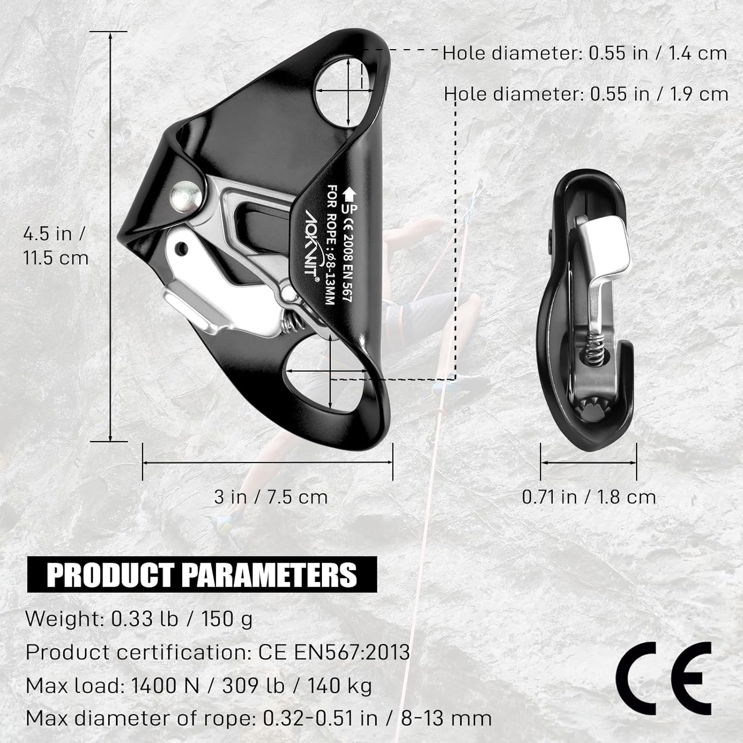 Chest Ascender Tree Climbing Gear Rope Grab High-Strength Aluminum Alloy Rappelling Equipment CE Certified for Rock Climbing Rescue Aerial Work Mountaineering Caving Arborist Work 8-13mm Ropes