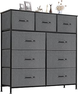 Sweetcrispy 9 Drawer Fabric Dresser Tall Chest Storage Organizer Tower with Cabinet Metal Frame and Wood Top Lightweight Closet Furniture for Bedroom,Charcoal Grey