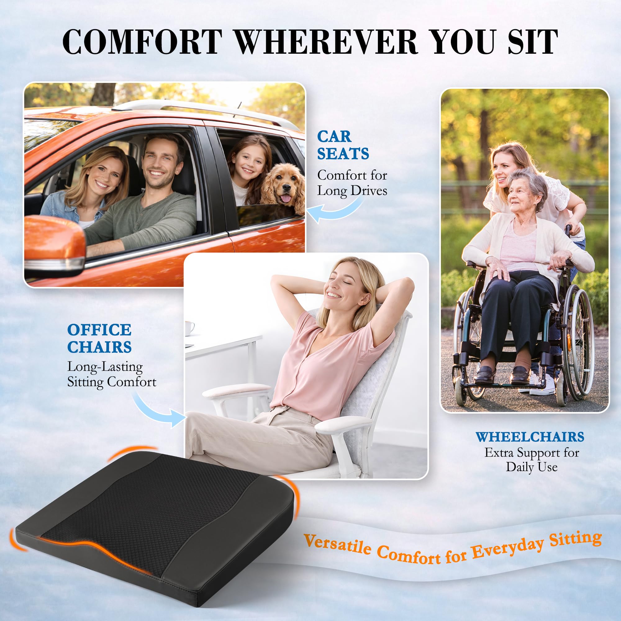 Lofty Aim Coussin Voiture, Assise Ergonomique pour Siège Auto, Rehausseur De Siège Conducteur, Coussin Siège Auto pour Chaise De Bureau, Fauteuil Roulant - Noir