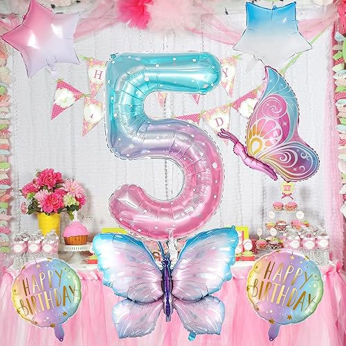 Miniatura 7 de Globos de mariposa Decoraciones de cumpleaños número 5 para niñas, globos de aluminio de color rosa degradado, globo gigante de aluminio de Mylar