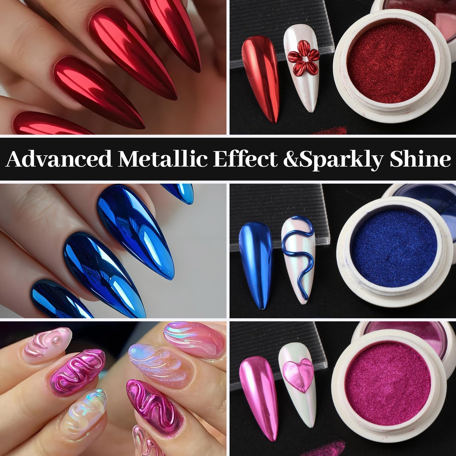Chrome Nail Powder for Nails - 16 Colors Kit with 8 Brushes, Mirror Metallic Gold Silver Red Blue Aurora Pearl Iridescent Mermaid Shimmer Glitter for Home DIY Salon Nail Art Supplies