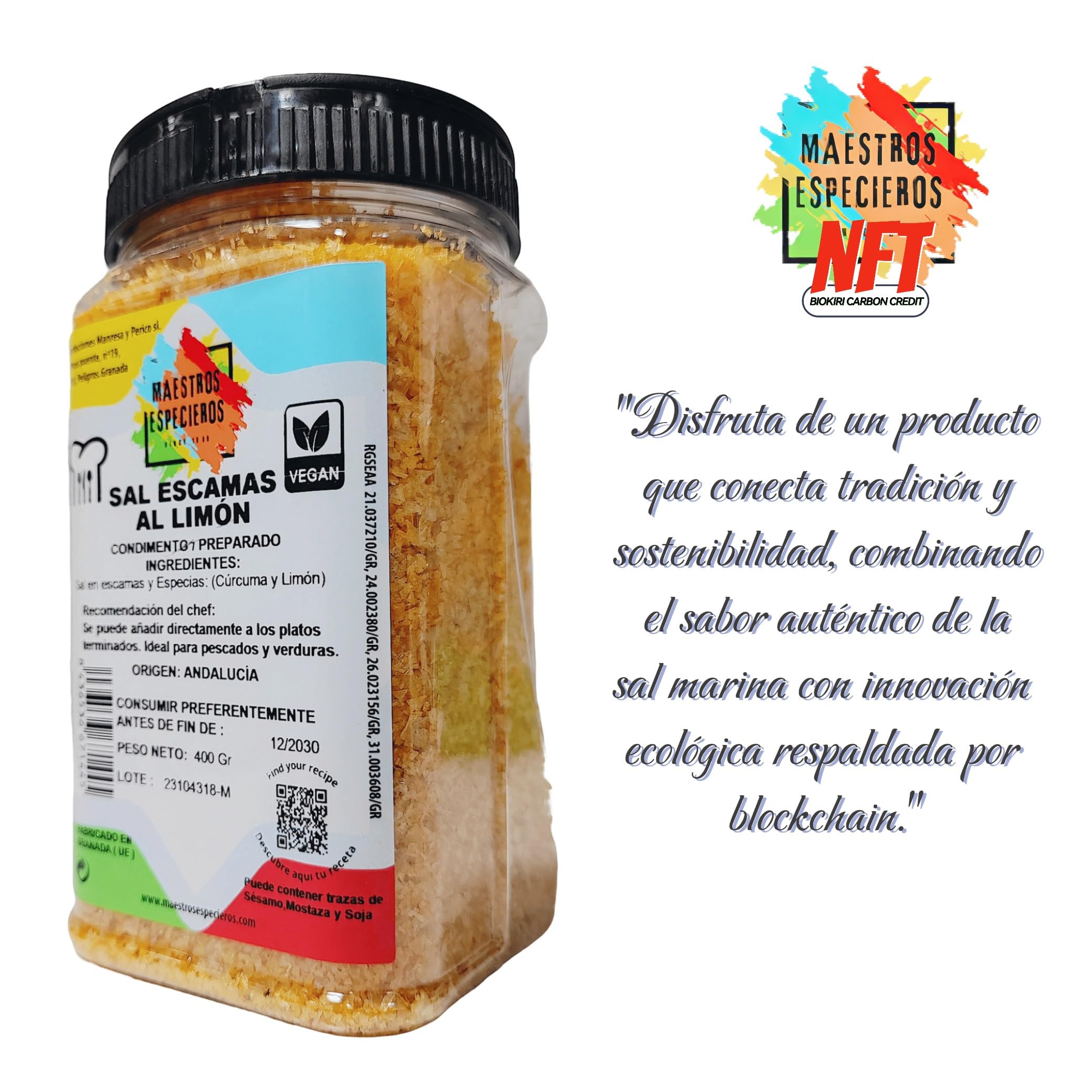 Sal en Escamas con Limón y Cúrcuma 400g – Maestros Especieros Gourmet Artesanal de Origen Andalucía – Sabor Intenso y Natural – Toque Exótico para tus Platos