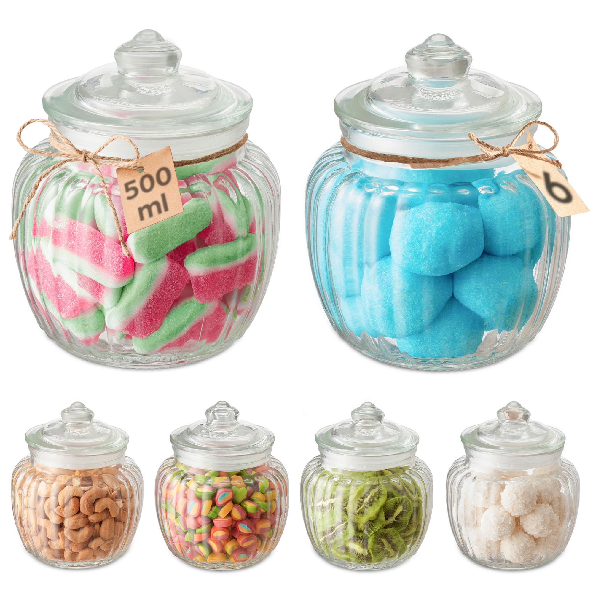Praknu Sweet Jars for Candy Buffet – 6-Piece Set x 500ml – With Airtight Lids & Labels – Vintage Style – For Weddings, Parties & Kitchen – Dishwasher Safe – For Biscuits & Treats