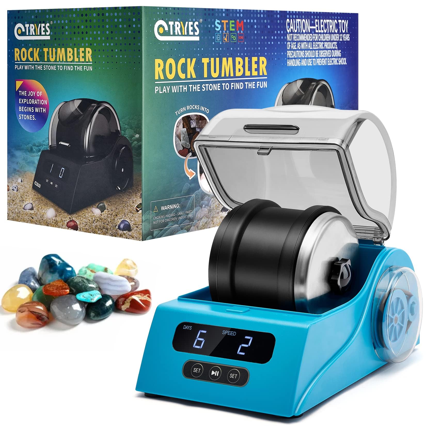 Rock Tumbler Kit Erwachsene - Rock Polierer Tumbler mit Rauschunterdrückungsabdeckung, Geschwindigkeits- und Timer-Steuerung, inklusive 4 Polierkörnungen, rauen Edelsteinen, Lernanleitung usw