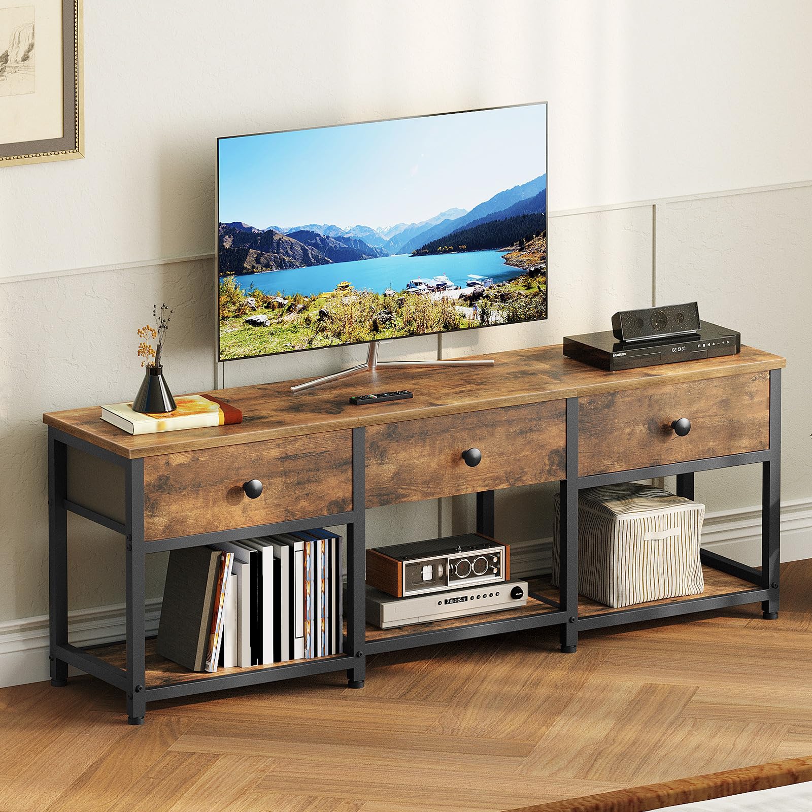 YATINEY Mueble para TV de hasta 50 Pulgadas, Mueble TV con 3 Cajones, Mueble Multimedia de Estilo Industrial de 120 cm de Longitud, para Salón, Dormitorio o Despacho, Marrón Vintage y Negro XDS12BR