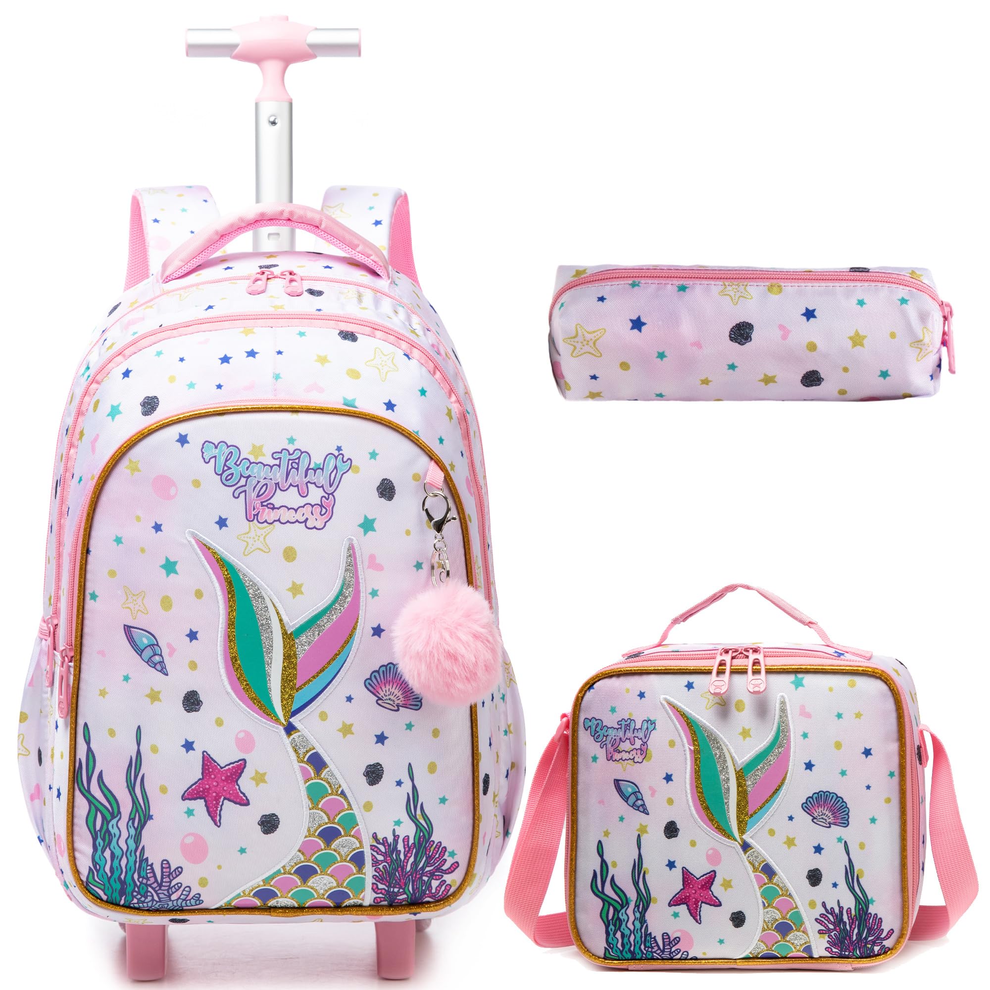 HTgroce Mochila Escolar con Ruedas Niña, Mochilas Escolares con Ruedas,Traiga un Estuche para lápices y una Bolsa para el Almuerzo