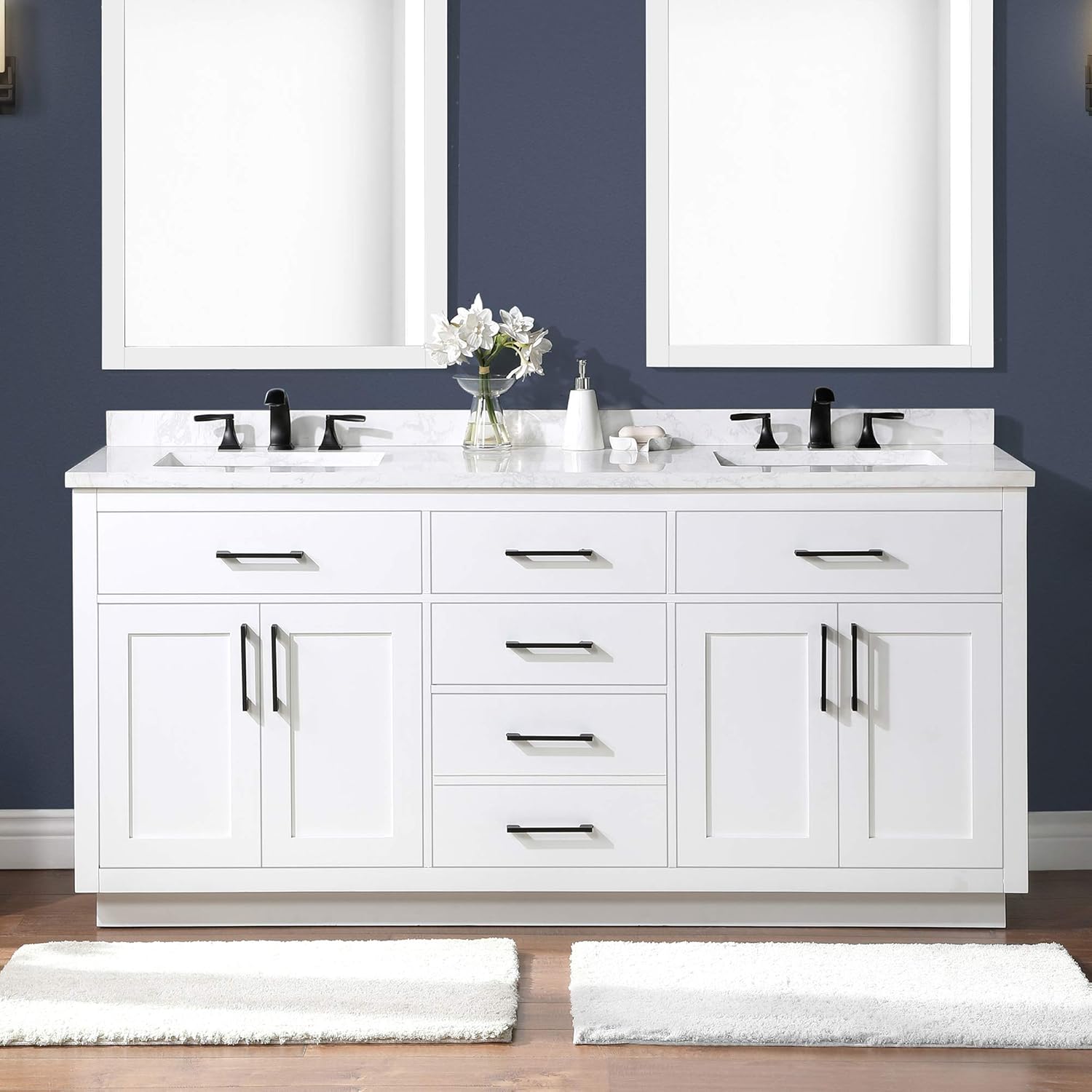 Front view of the OVE Decors Athea 72-inch double vanity in white with black hardware.