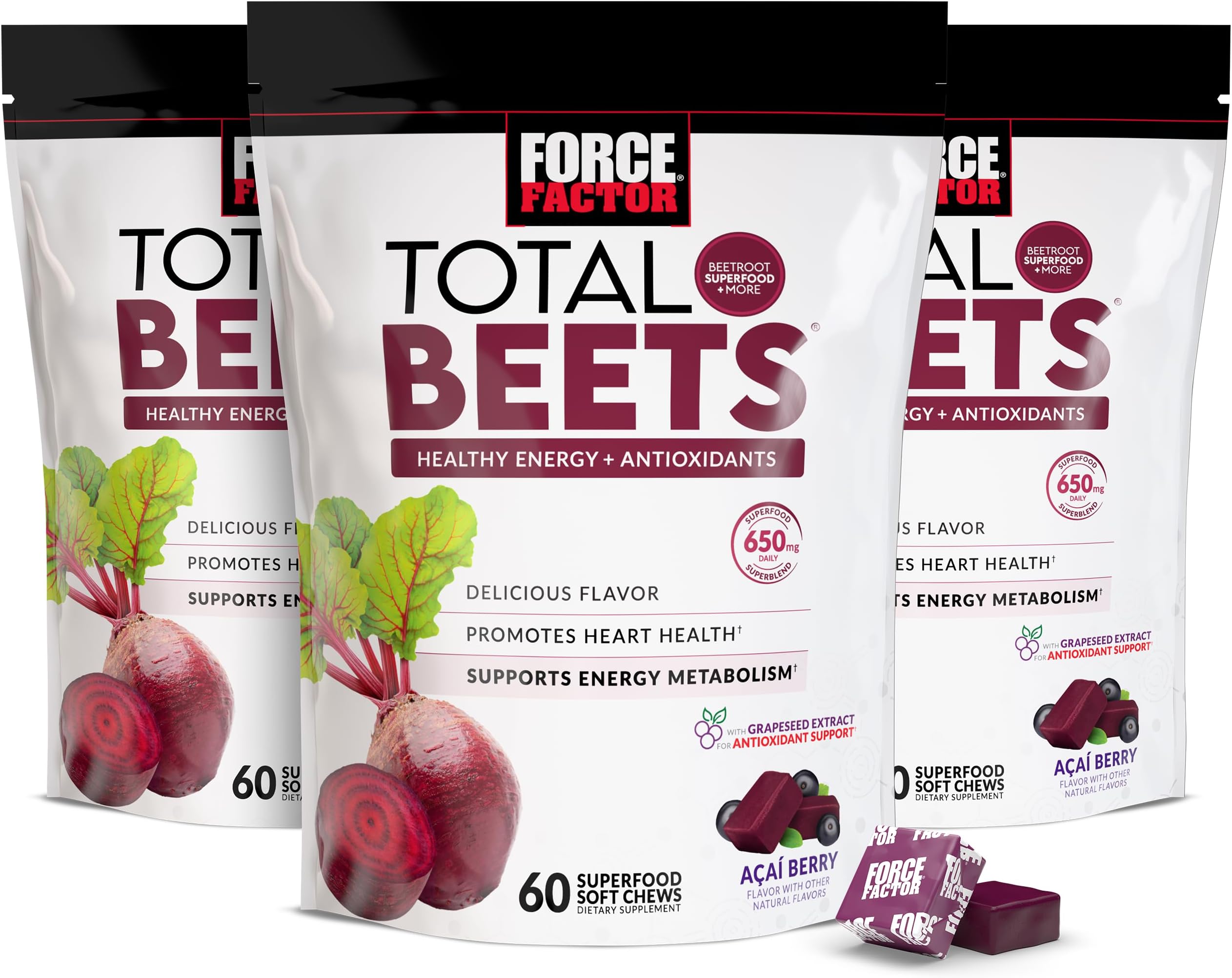 Force Factor Total Beets Soft Chews with Beetroot, Nitrates, L-Citrulline, Grapeseed Extract, & Antioxidants, Healthy Energy Supplement with Elite Ingredients for Heart, Superfood, 180 Count, 3-Pack
