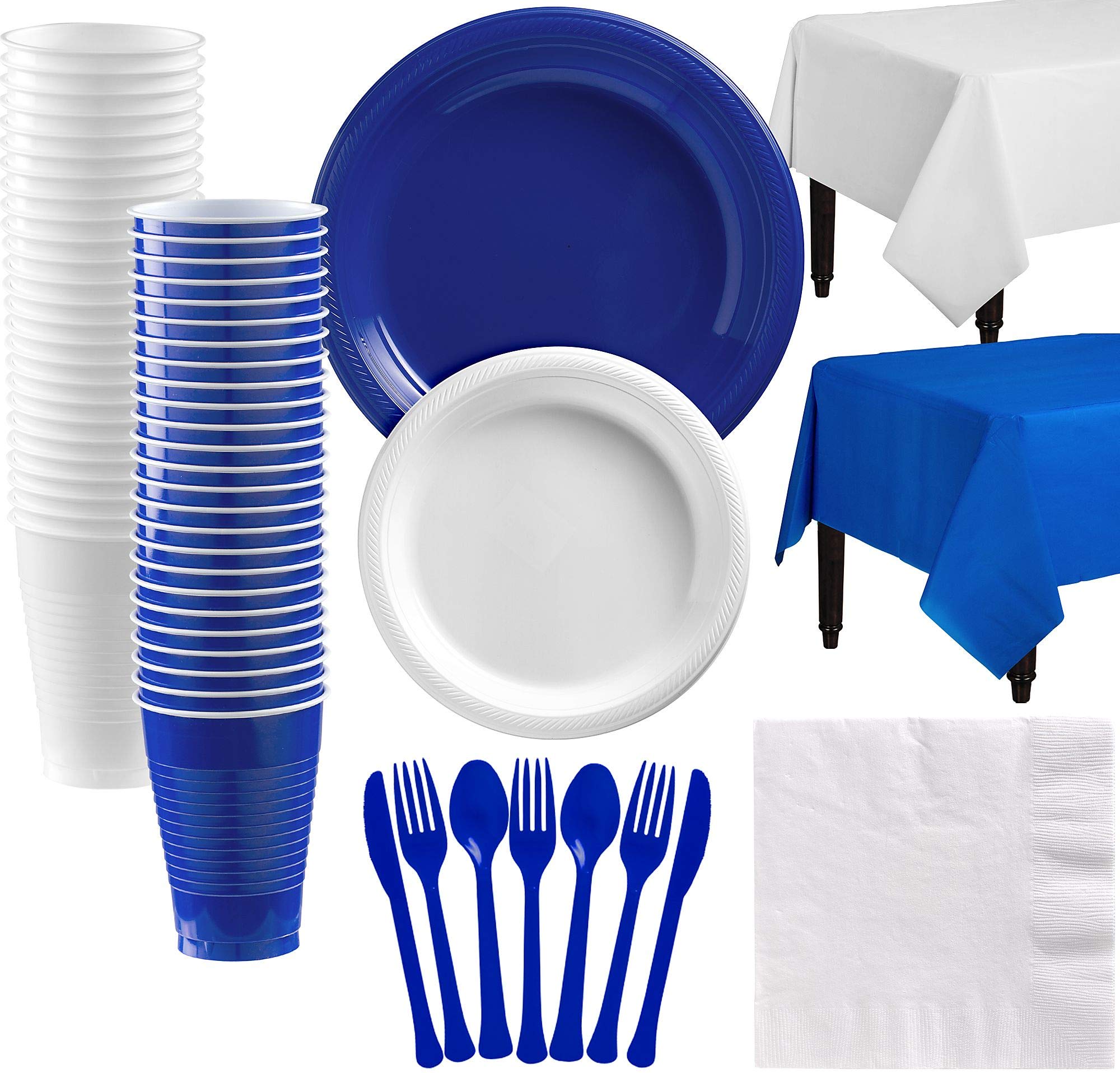 Party City Royal Blue and White Plastic Tableware Party Supplies for 50 Guests, 487 Pieces, Includes Plates, Napkins, and Utensils