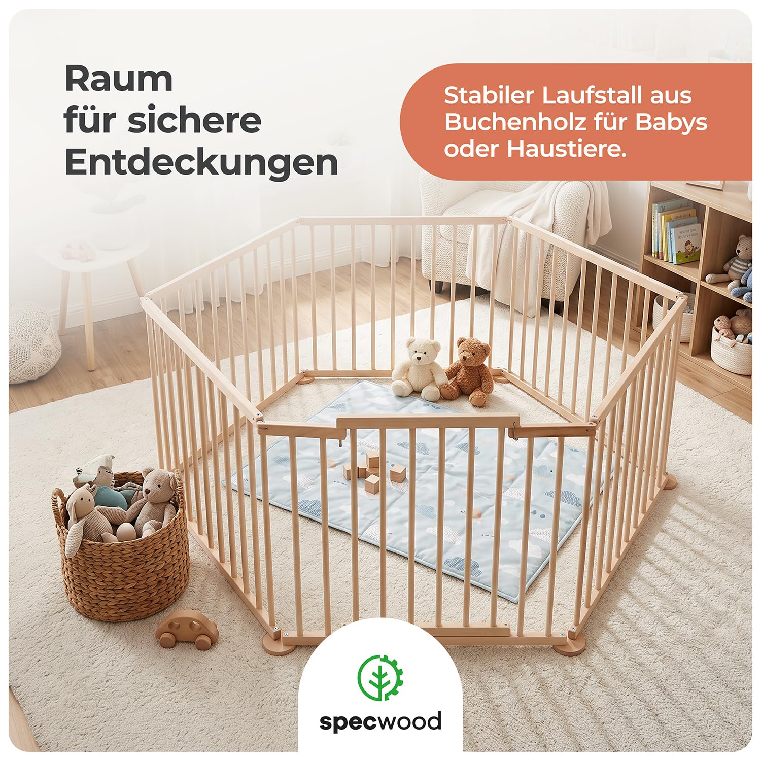 Laufstall Baby XXL Klappbar mit Tür, Laufgitter Baby inkl. 6 Elementen je 100 x 72 cm, Babygitter Holz Faltbar, Kinderlaufstall & Absperrgitter Für Innen- und Außenbereich