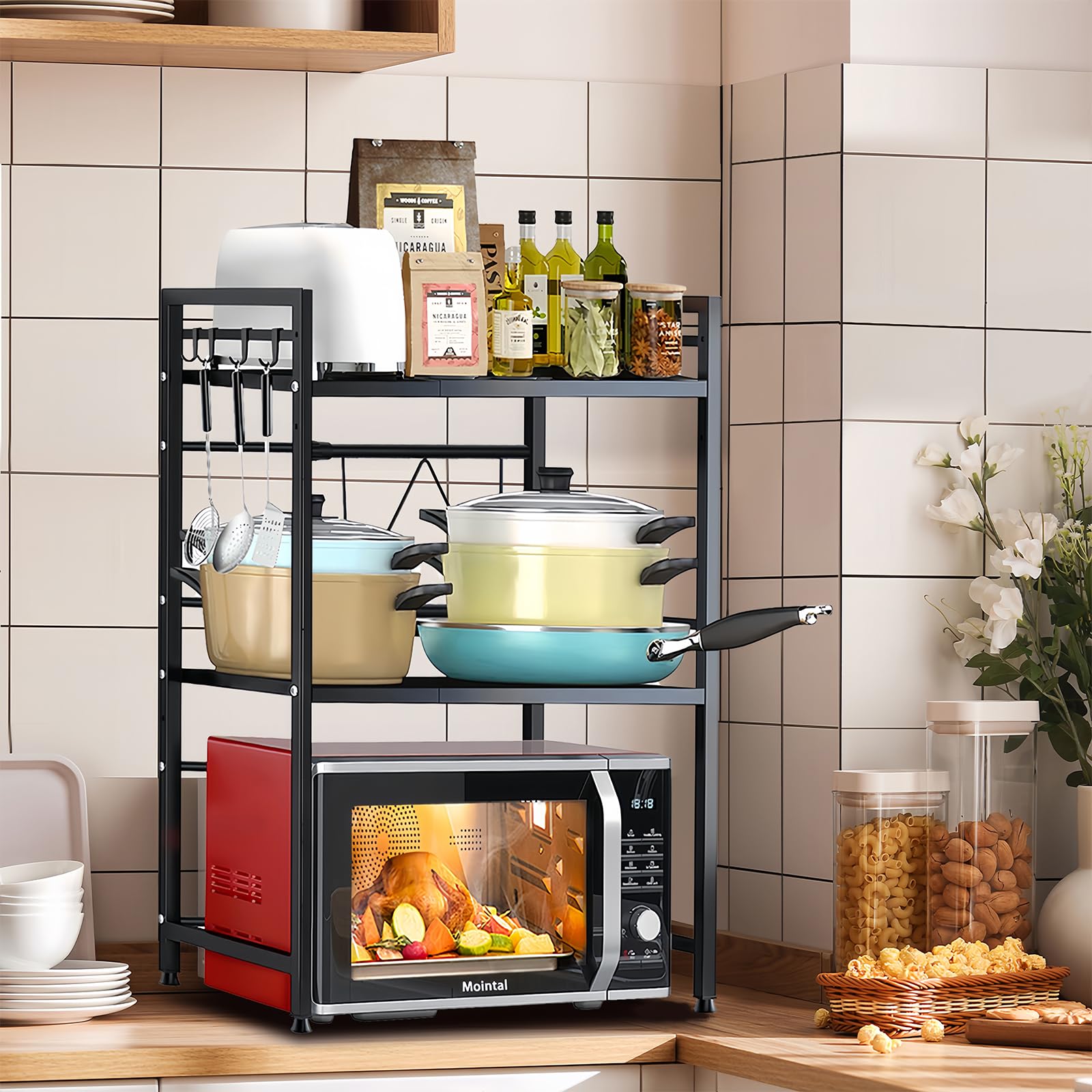 Estante Expandible para Microondas, Repisa para Microondas de Cocina de 3 Niveles, Soporte de Acero al Carbono para Microondas de Encimera, Mueble de Almacenaje de Cocina con 8 Ganchos, Negro