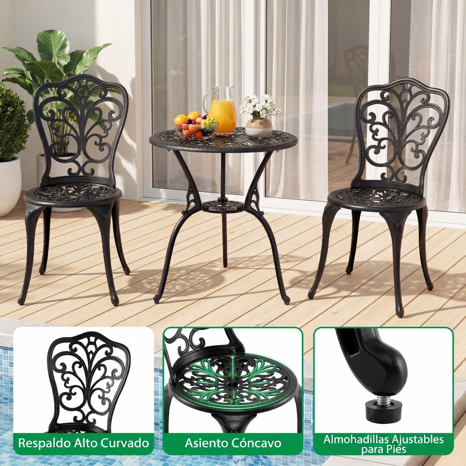 GOPLUS Conjunto de Bistró para Exteriores de 3 Piezas, Juego de Mesa y 2 Sillas de Aluminio Fundido para Todo Tipo de Clima con Agujero para Sombrilla, Juego de Muebles para Jardín (Mariposa)