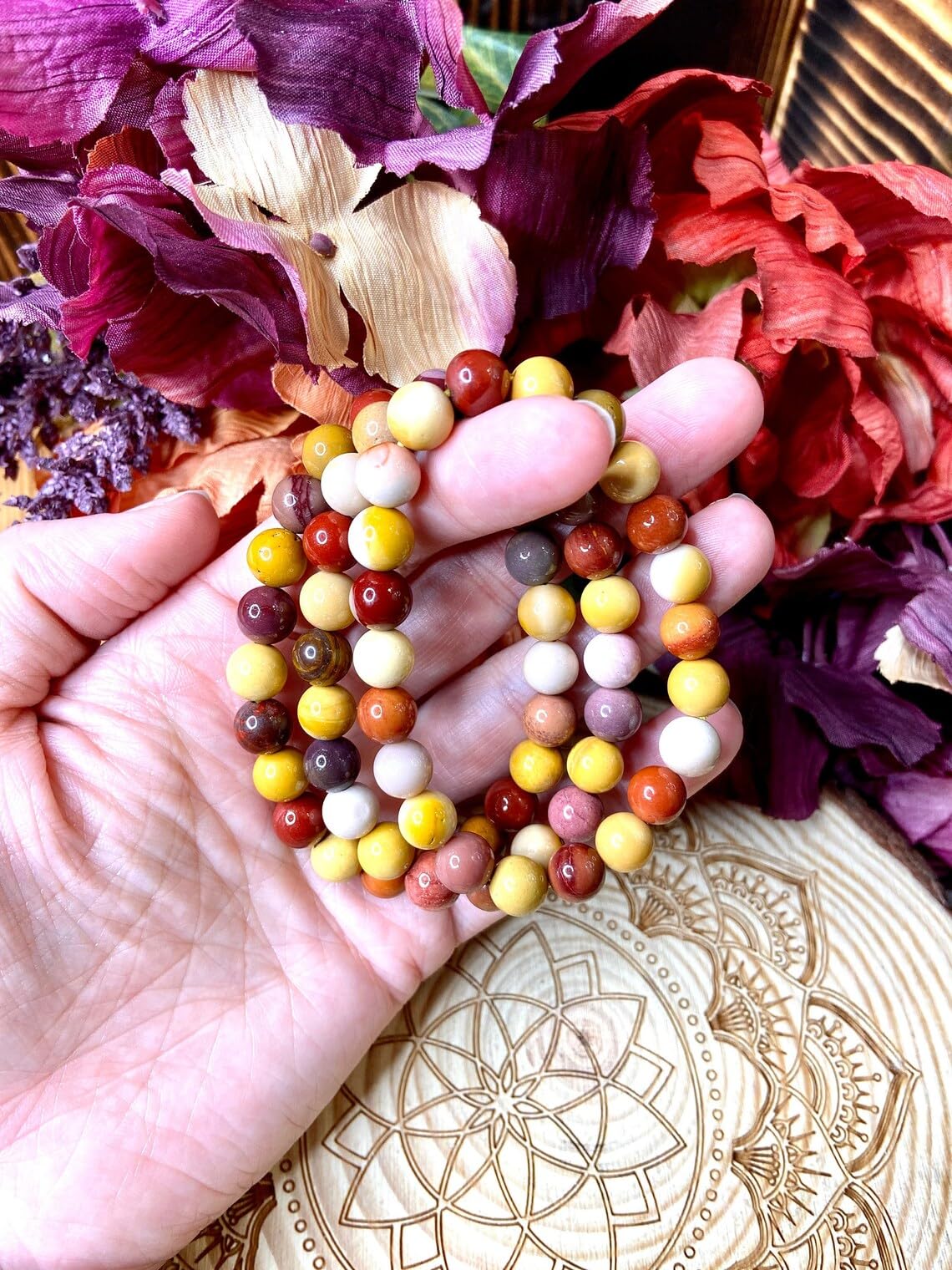 Mookite - Braccialetto in stile bohémien, realizzato a mano, con pietre semipreziose naturali da 10 mm, con perline rotonde lisce da 10 mm, braccialetto regolabile per meditazione spirituale, unisex,