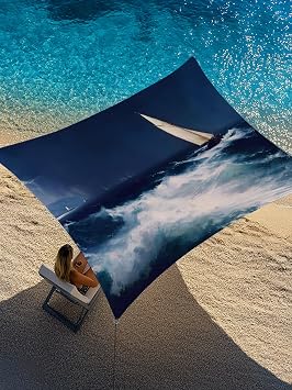 Sun Shade Sail 14 x 18, Nautical Sailing Boat Waterproof Large Sun Shade Canopy Rectangle, Blue Coastal Ocean Sea Waves UV Block Outdoor Sunshades for Patio Garden Backyard Deck Beach