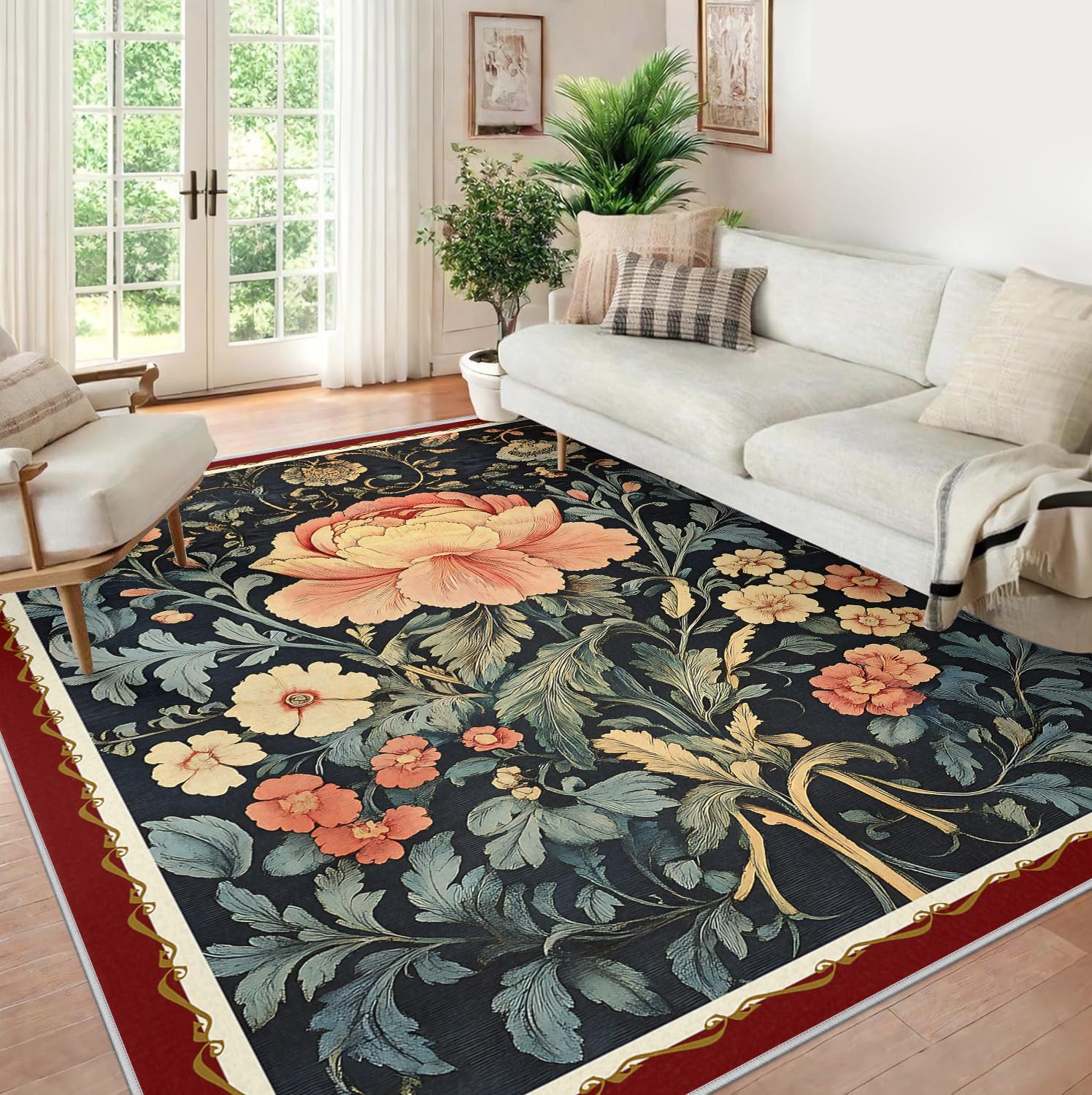 Tapis lavable 80x120cm à motifs fleuris et oiseaux pour salon et chambre