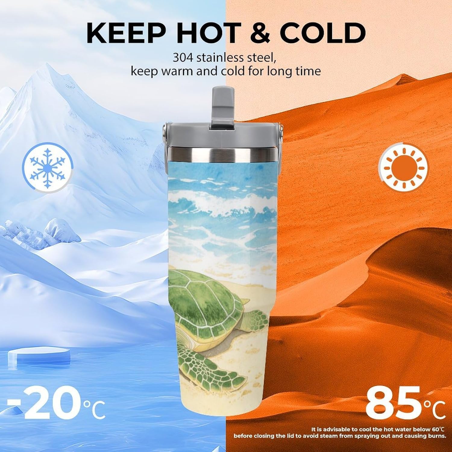 30 Oz Insulated Mug with Handle Lid And Straw A Turtle Pattern Large Metal Sports Bottle Great for Gifts Parties Office Coffee