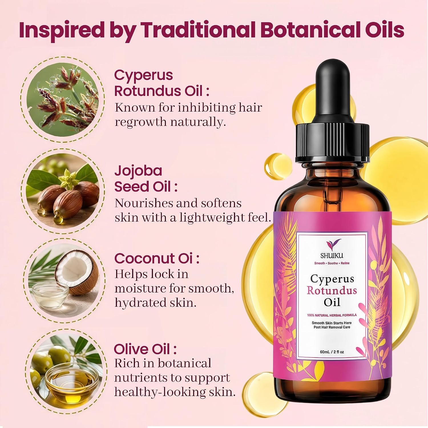 SHUIKU Cyperus Rotundus Oil for Skin Care, After-Shave and Post-Wax Moisturizer Lightweight Hydrating Oil for Soft, Smooth-Looking Skin, Fast Absorbing, Non-Greasy, Fast Absorbing image 3