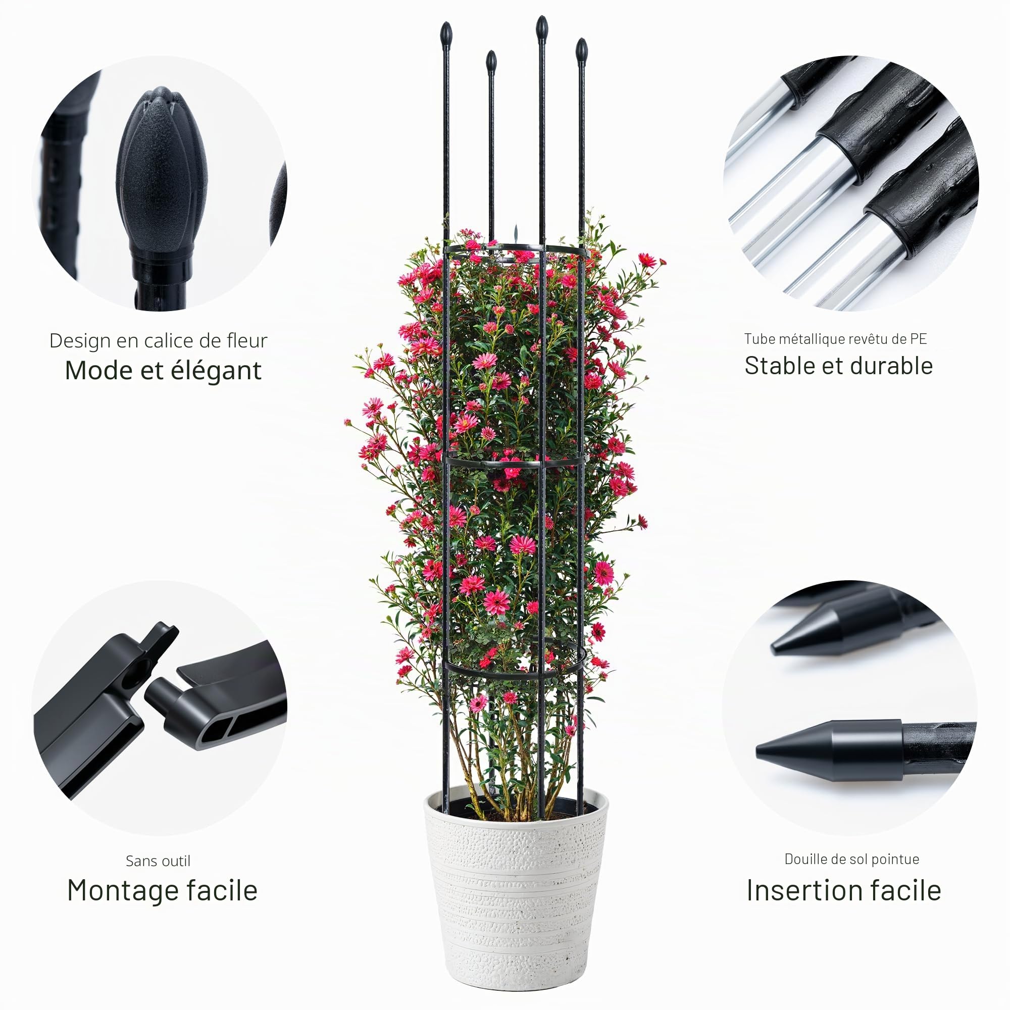 ThxToms Tuteur de Jardin en métal 160 cm avec 20 Clips pour Plantes | Cage à tomates, Support pour Plantes, obélisque, Treillis d'escalade | Plantes, tomates, Roses, Noir